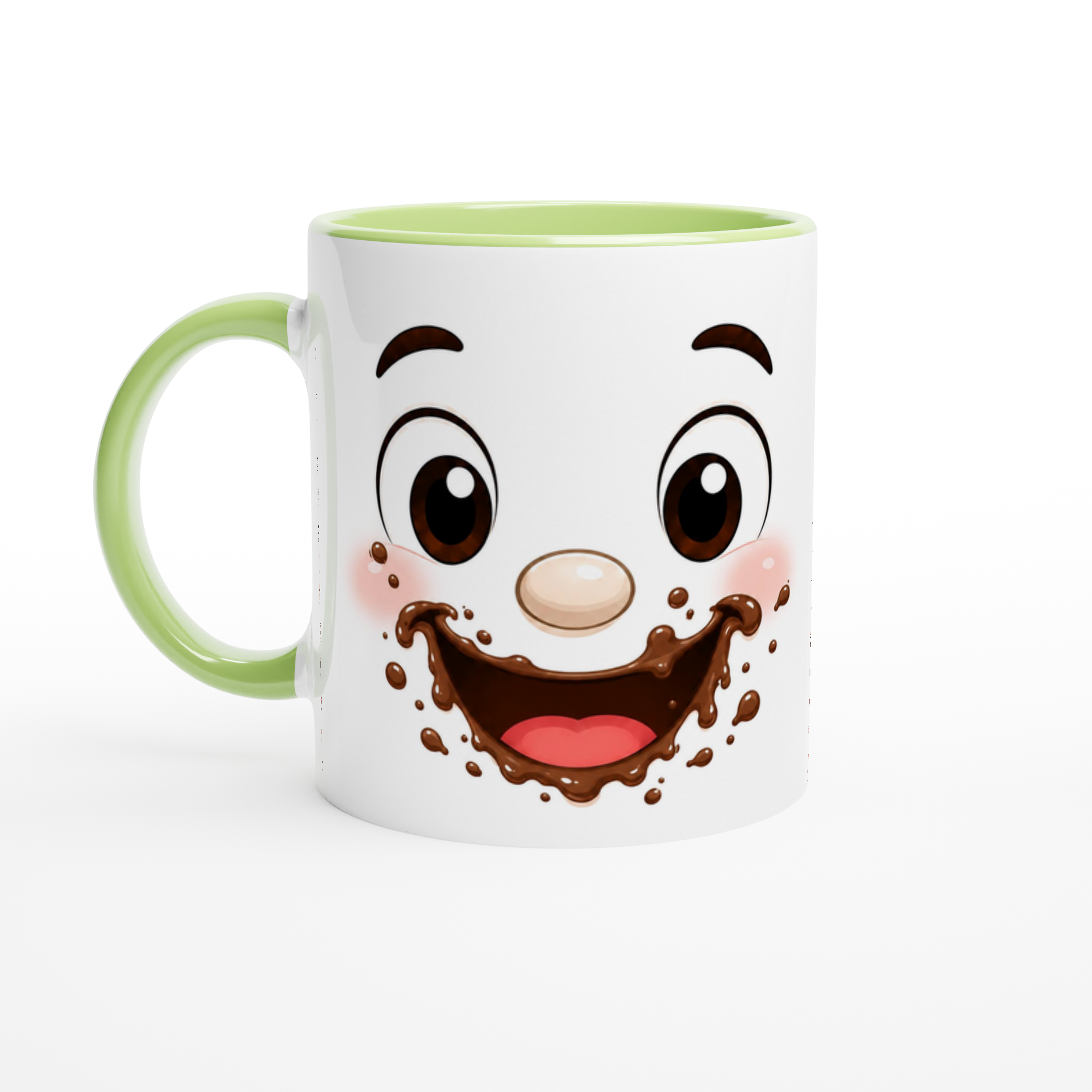 Mug en céramique blanc au visage kawaii chocolat, anse verte et intérieur vert