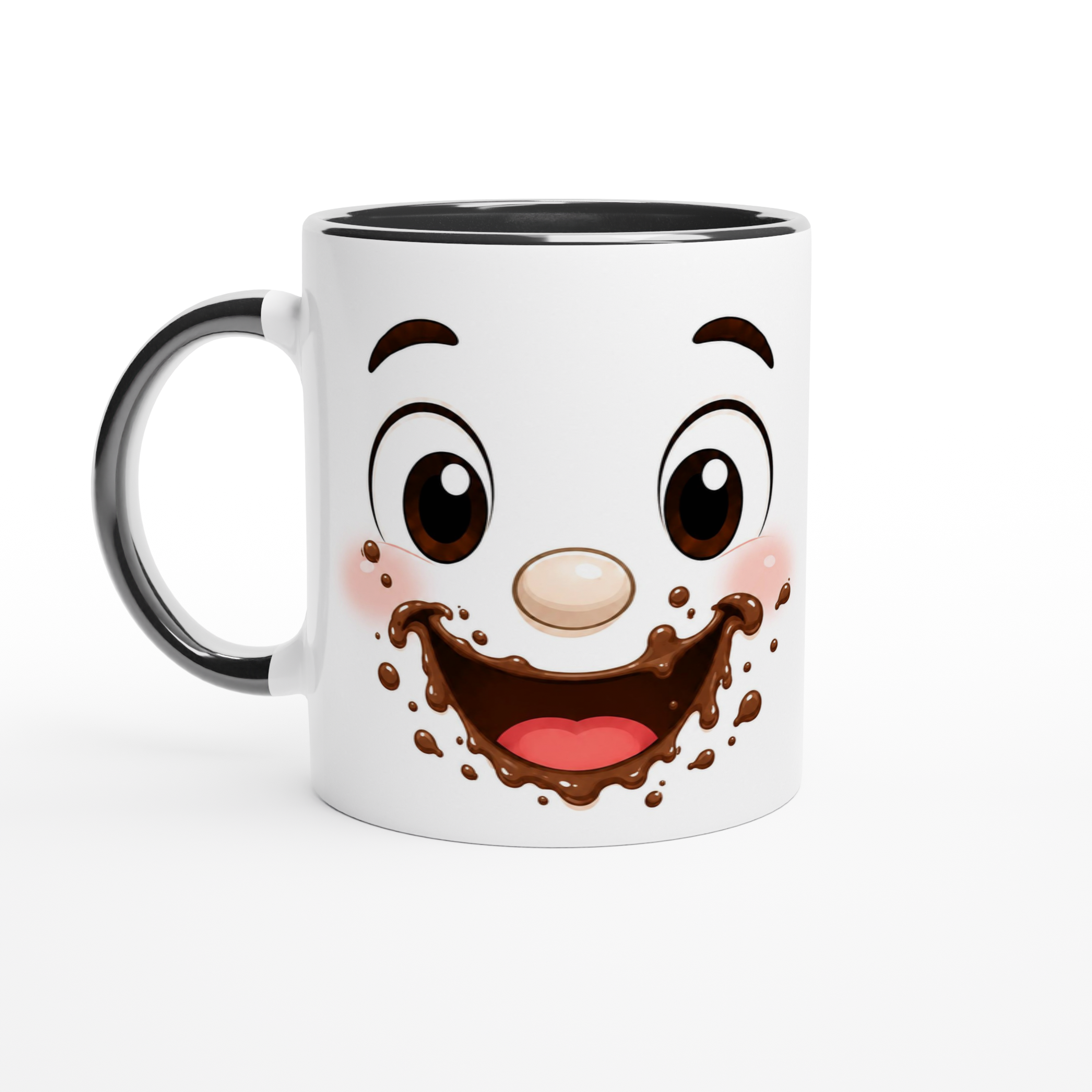 Mug en céramique blanc au visage kawaii chocolat, anse noire et intérieur foncé