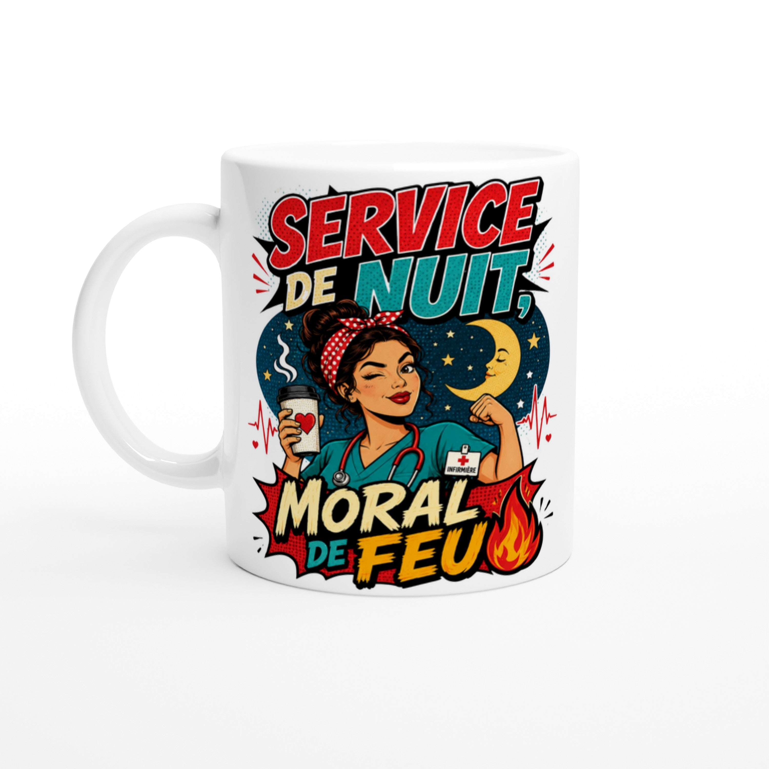 Mug blanc, face avant avec texte « Service de nuit » et « Moral de feu »