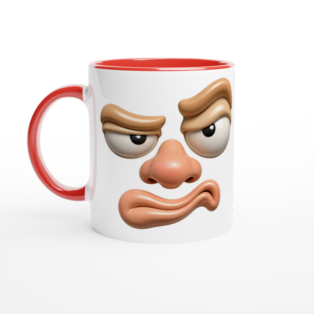 Mug blanc au visage grognon, avec anse et bordure rouges