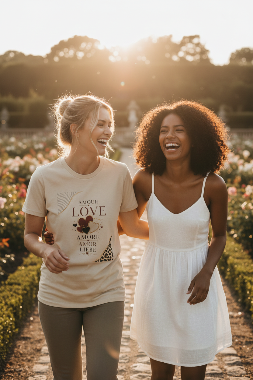 T-shirt femme blanc à manches courtes, imprimé “AMOUR LOVE AMORE”.