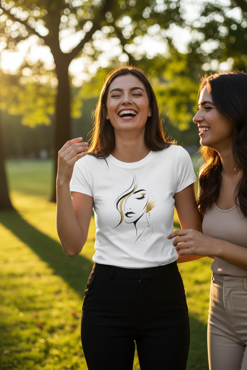 T-shirt blanc femme avec visage en line art doré imprimé sur le devant