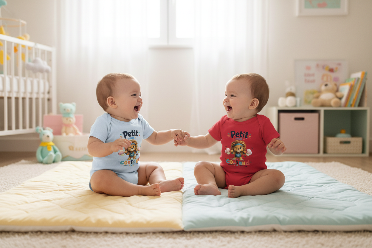 Deux bodies bébé manches courtes imprimés, bleu et rouge, portés par deux bébés