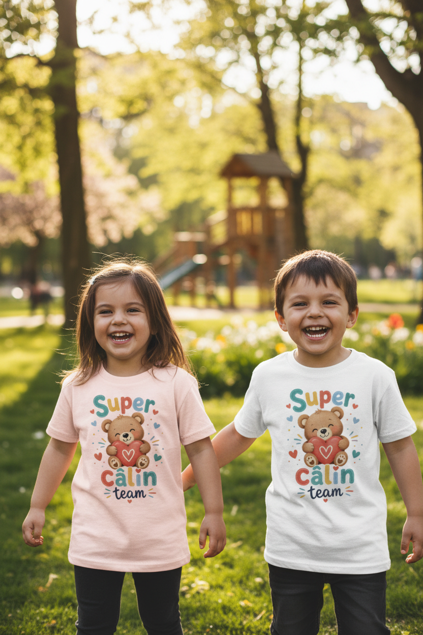 Deux enfants blanc et rose clair Super Câlin Team parc