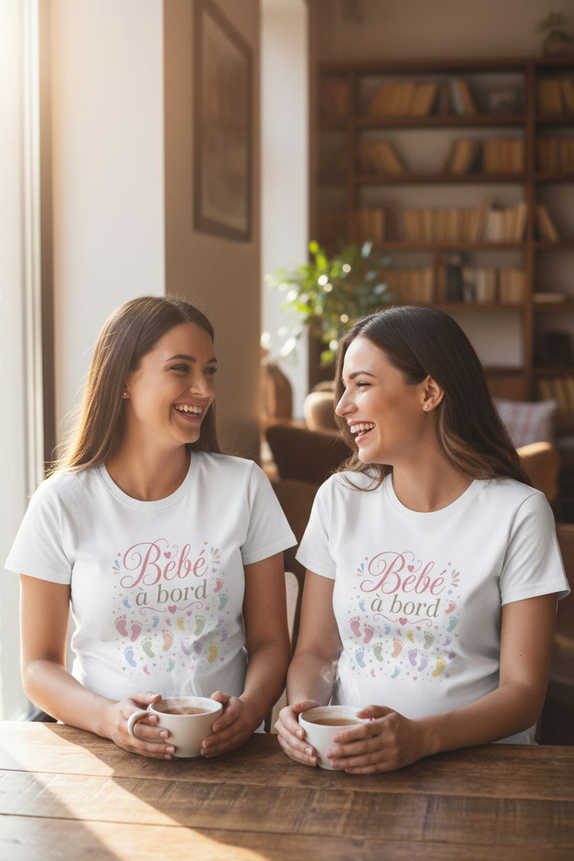 Deux futures mamans au café portant toutes les deux le t-shirt