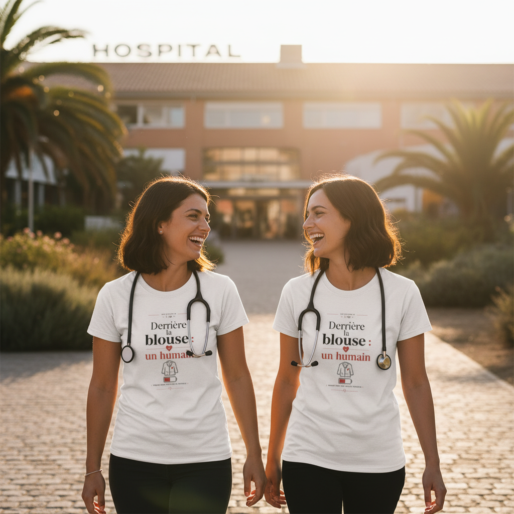 T-shirt blanc col rond, imprimé « Derrière la blouse : un humain » sur le devant.