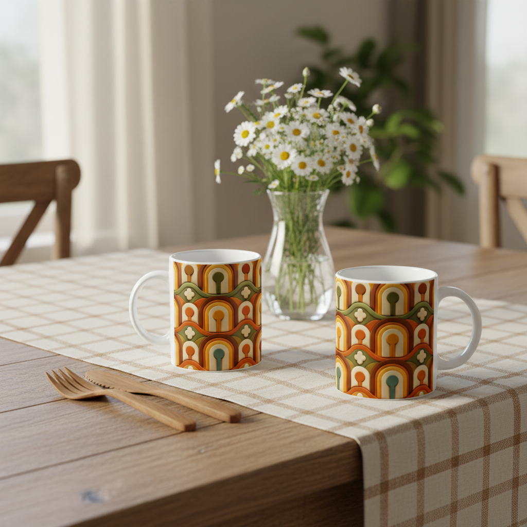 Deux mugs 3D rétro arches table nappe fleurs