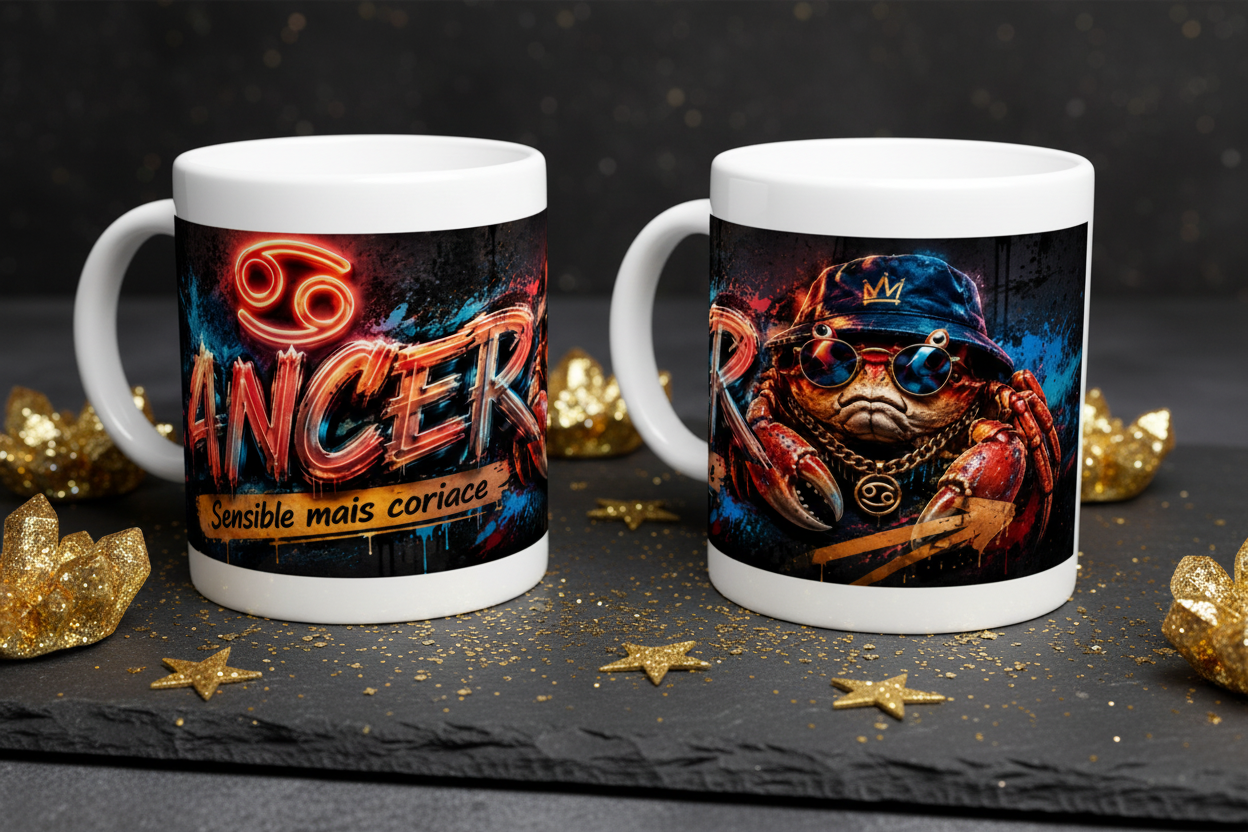 Mug blanc imprimé CANCER et texte « Sensible mais coriace »