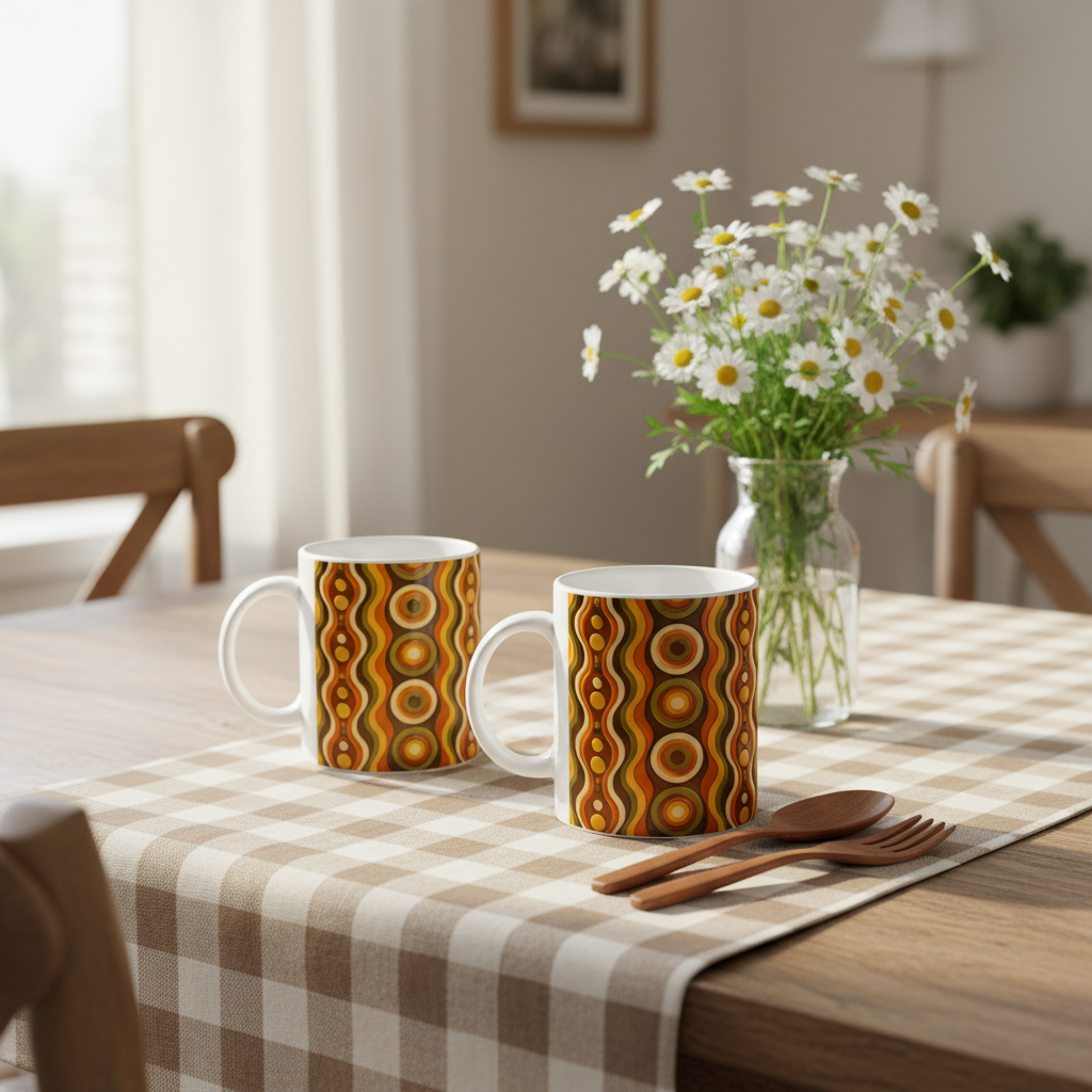 Deux mugs groovy 3D cercles table nappe fleurs