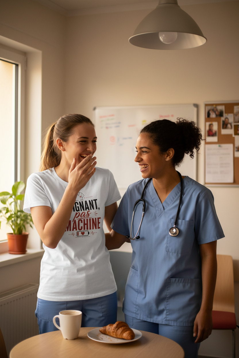 T-shirt blanc porté par une personne, imprimé « Soignant pas machine »