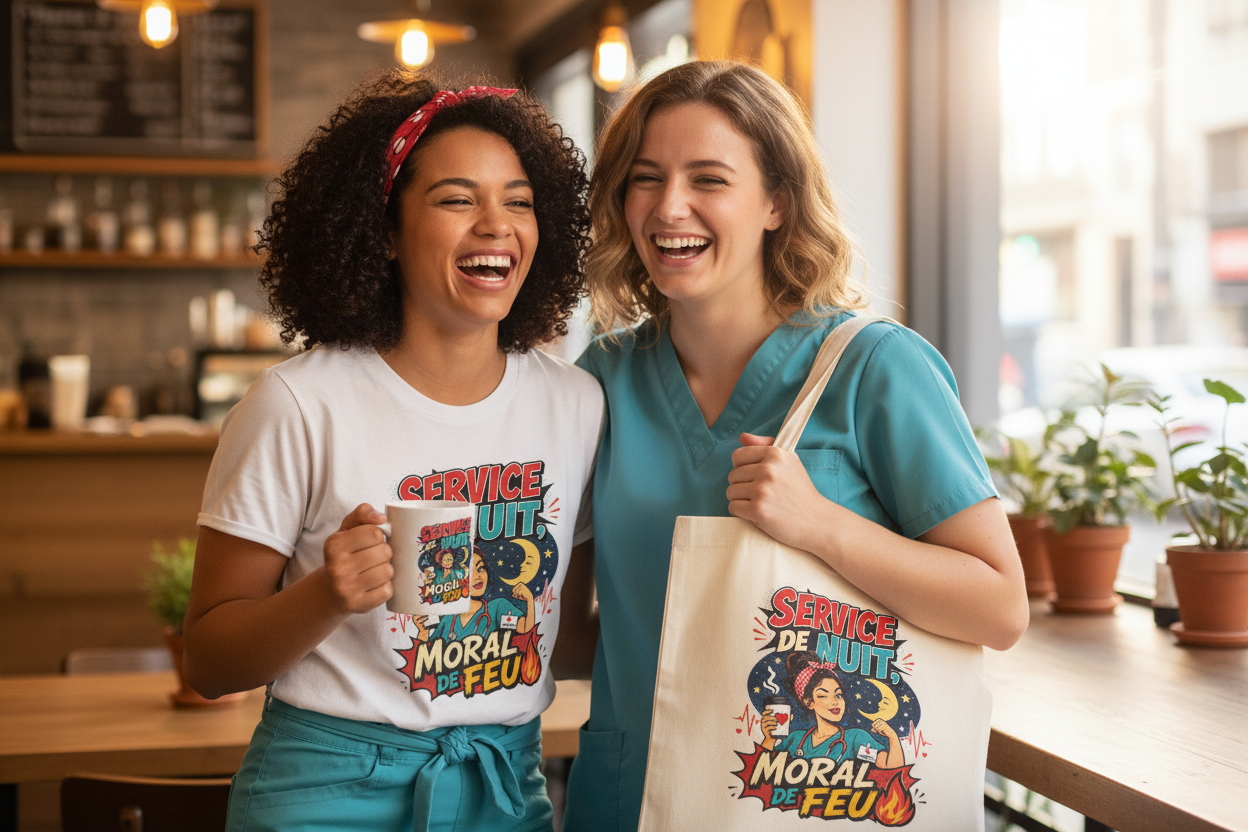 T-shirts blancs à imprimé « Service de Nuit » et tote bag en toile crème