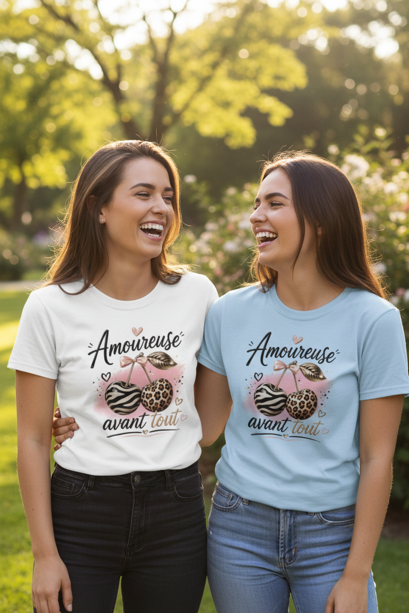 T-shirts femme blancs et bleu clair, imprimé « Amoureuse avant tout »