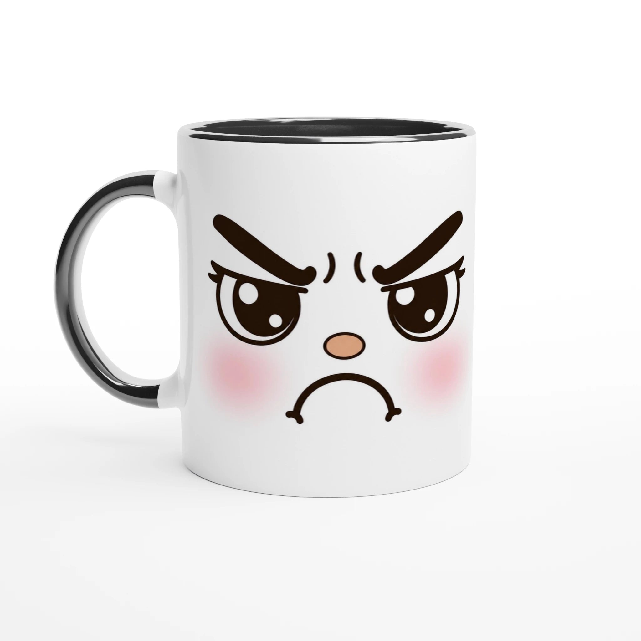 Mug blanc en céramique avec visage kawaii en colère; intérieur et anse noirs.