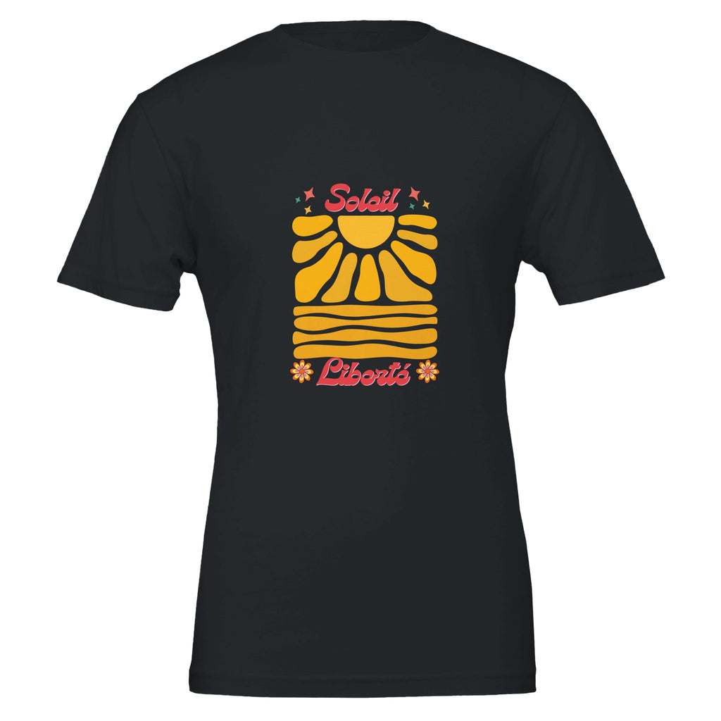 T-shirt noir oversize, dos avec motif Soleil et Liberté, manches courtes.