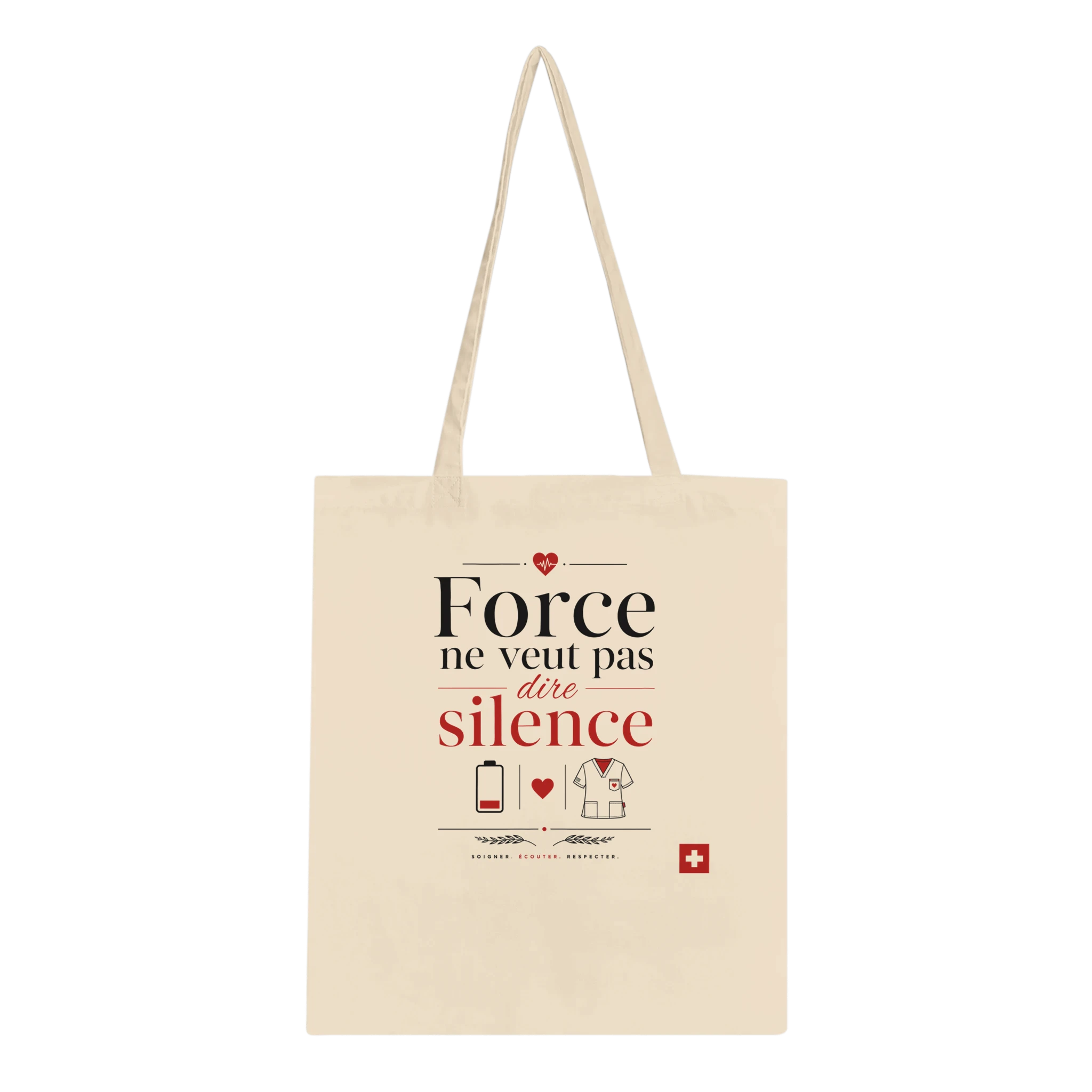 Sac cabas en toile beige, anses longues, imprimé rouge et noir sur le devant