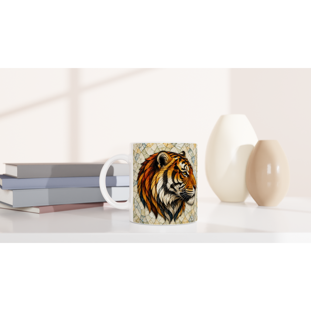 Mug en céramique blanche 11 oz avec tête de tigre sur motif craquelé