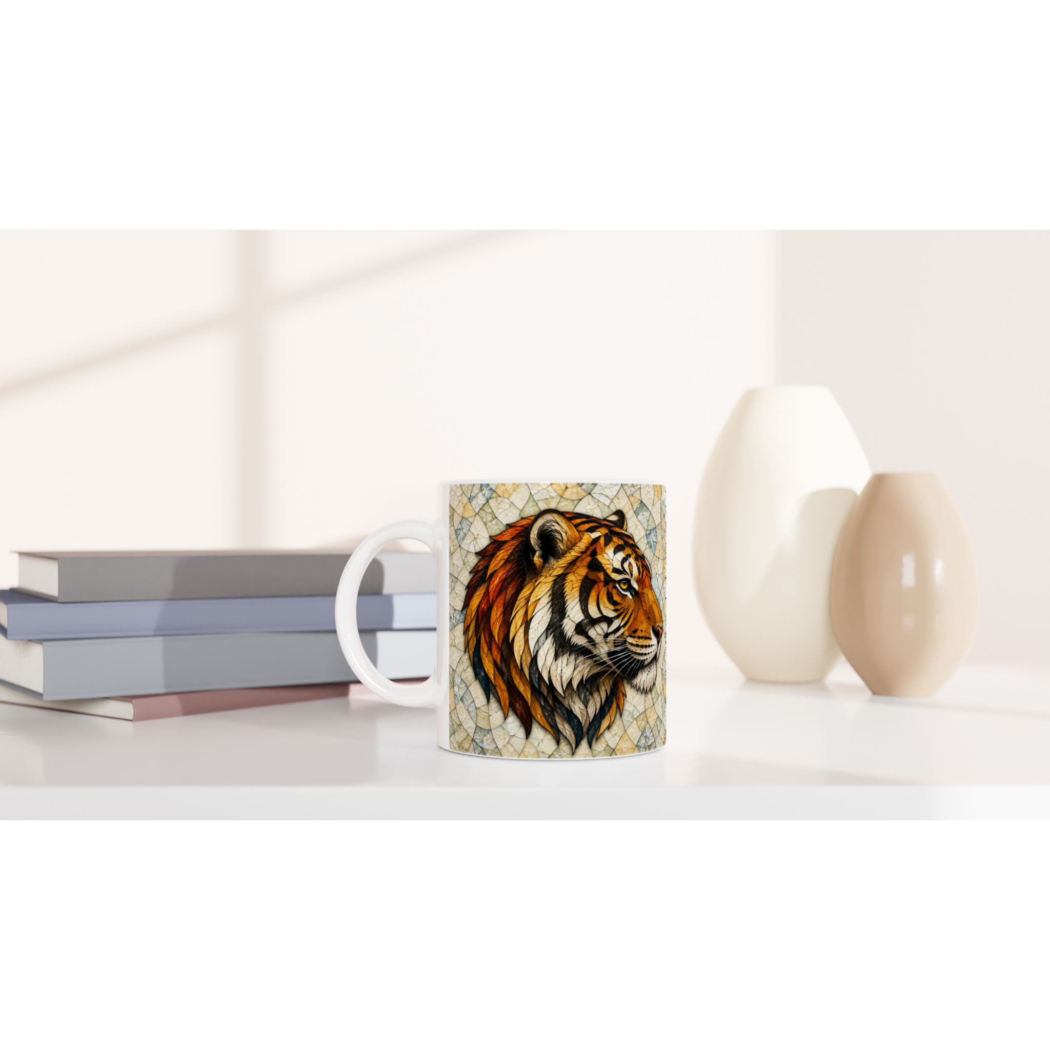 Mug en céramique blanche 11 oz avec tête de tigre sur motif craquelé