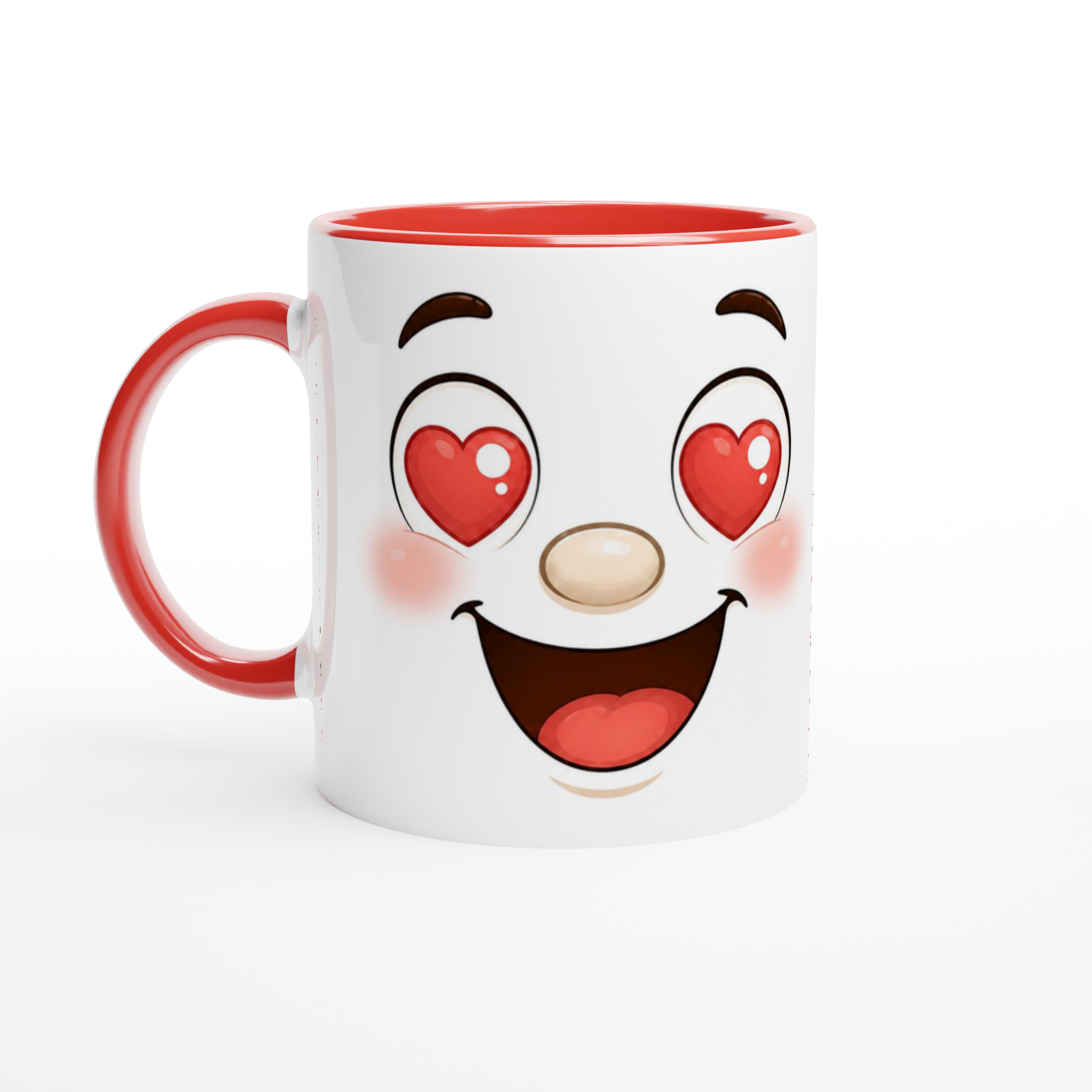 Mug en céramique blanc à anse et bord rouge, visage kawaii souriant aux yeux en cœur.