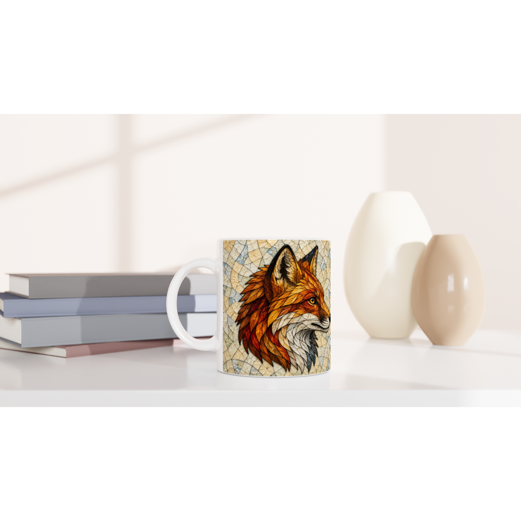 Mug en céramique blanche au motif renard roux, posé sur une surface claire