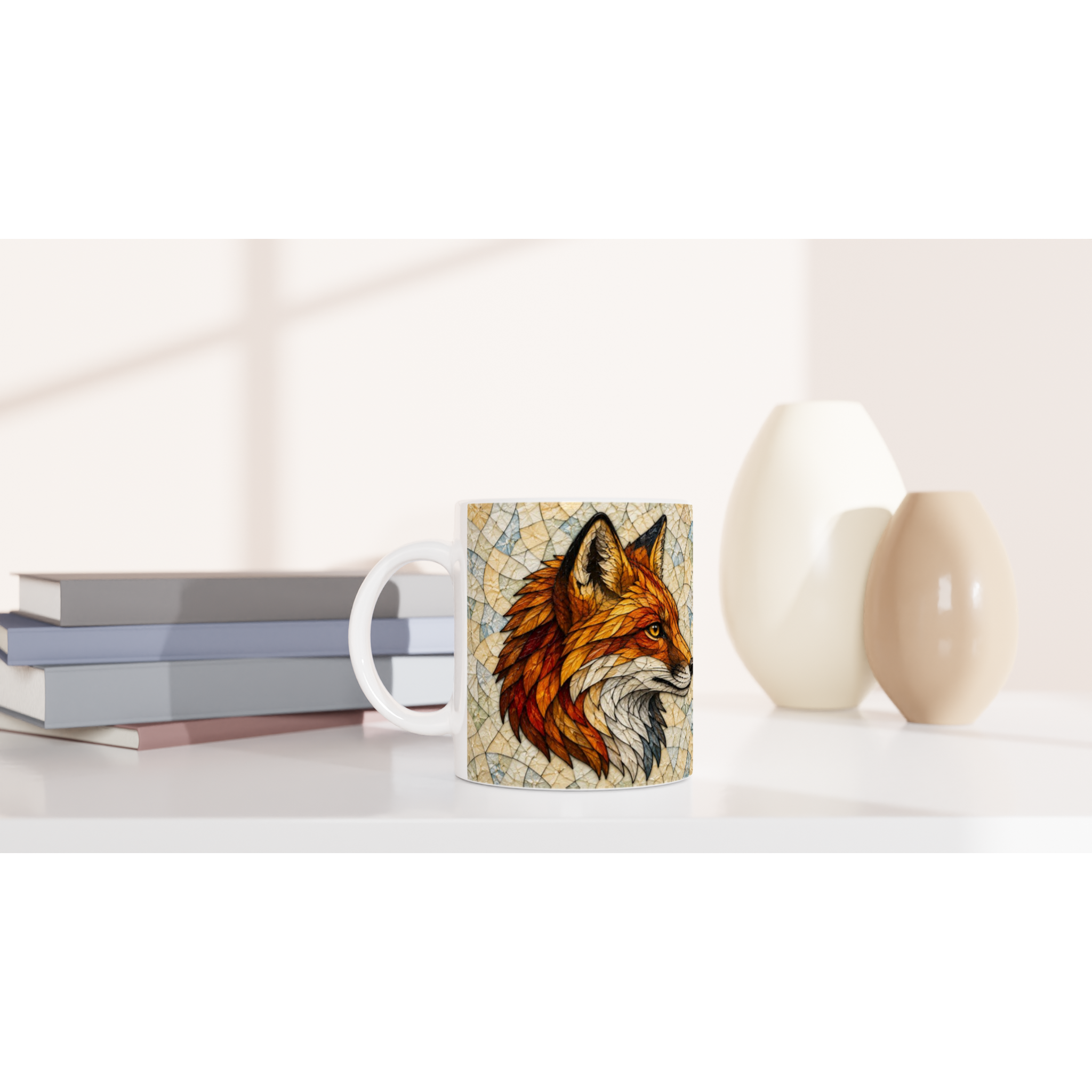 Mug en céramique blanche au motif renard roux, posé sur une surface claire
