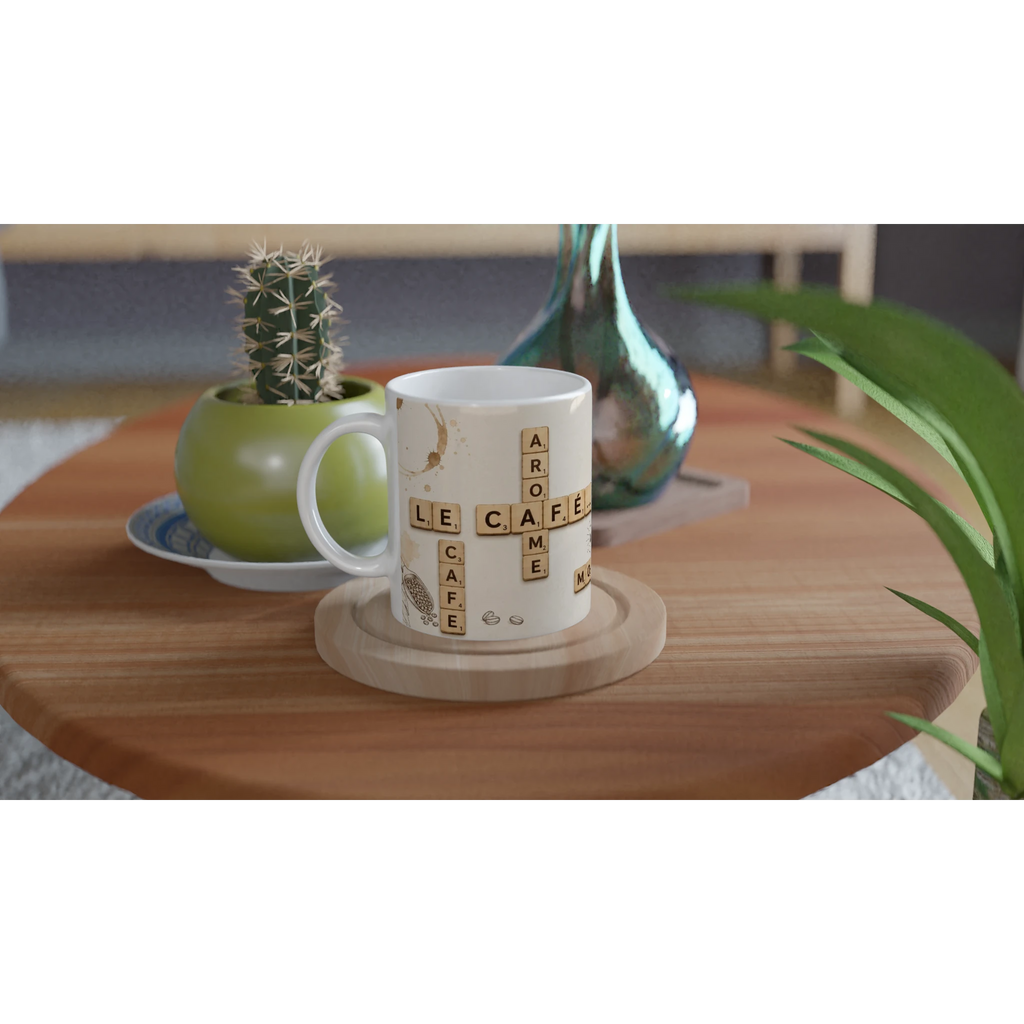 Mug blanc en céramique avec lettres Scrabble «Le Café» et icônes tasse