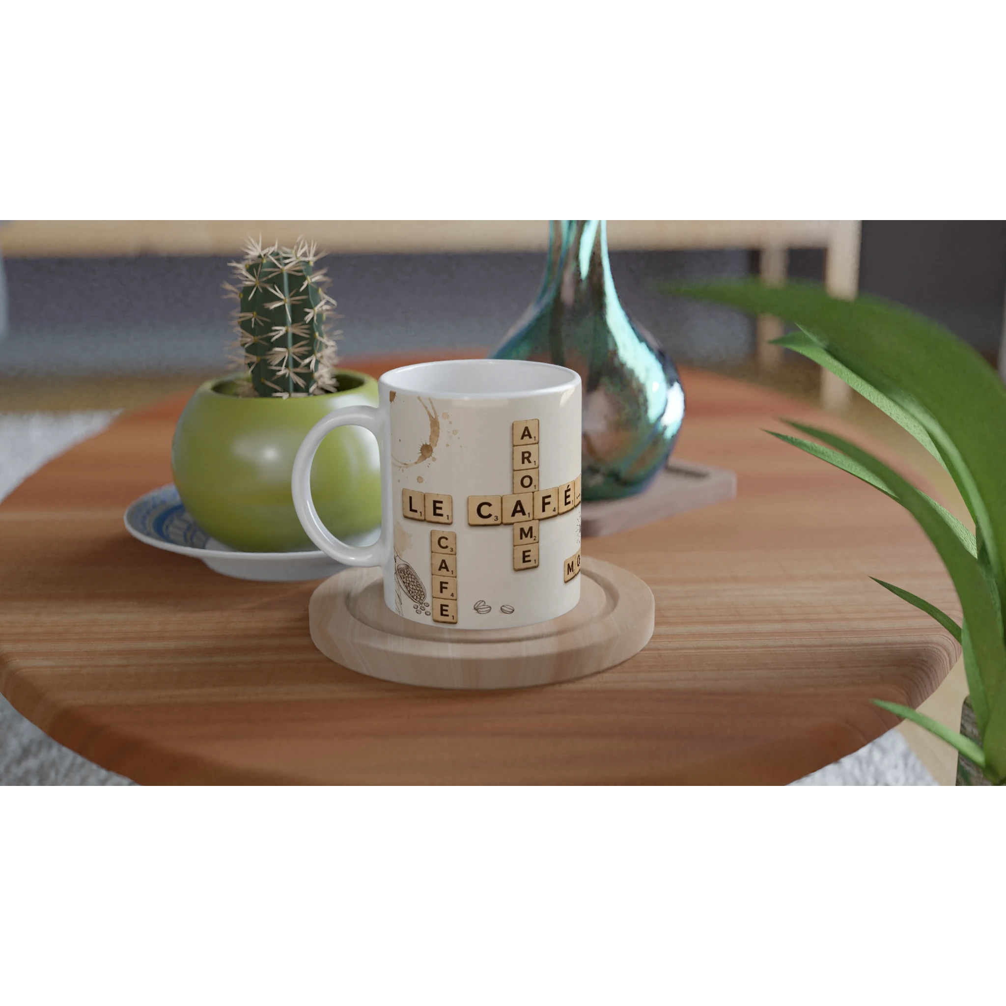 Mug blanc en céramique avec lettres Scrabble «Le Café» et icônes tasse