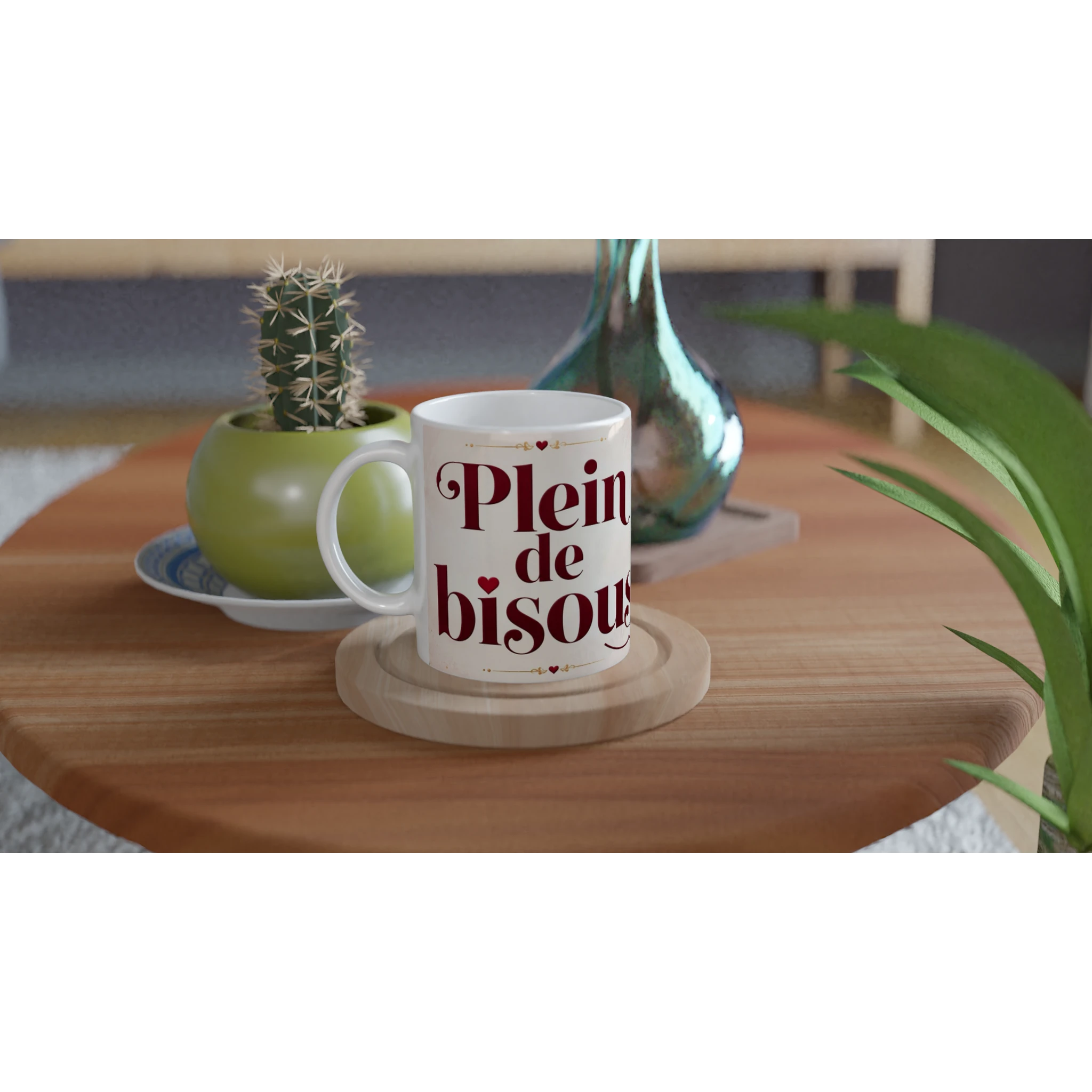 Mug en céramique blanc « Plein de bisous » avec anse, vu de face