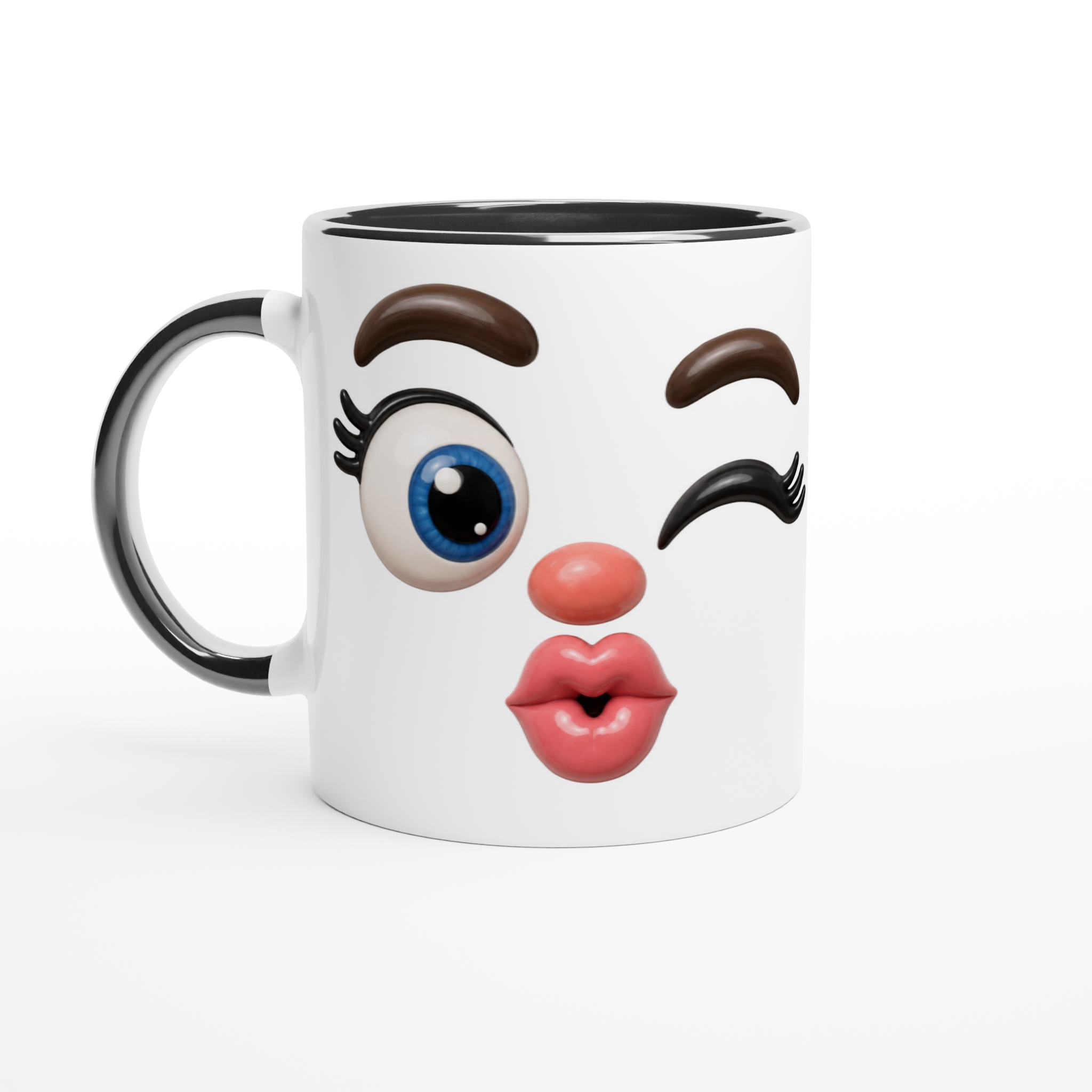 Mug en céramique blanc au visage kawaii souriant, anse noire et intérieur noir