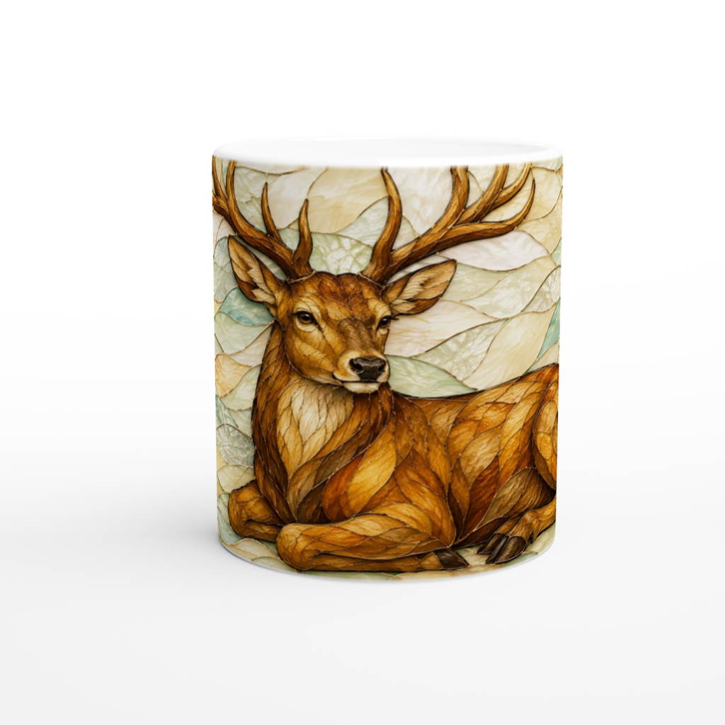 Mug en céramique blanche avec portrait de cerf, motif feuilles et tons naturels.