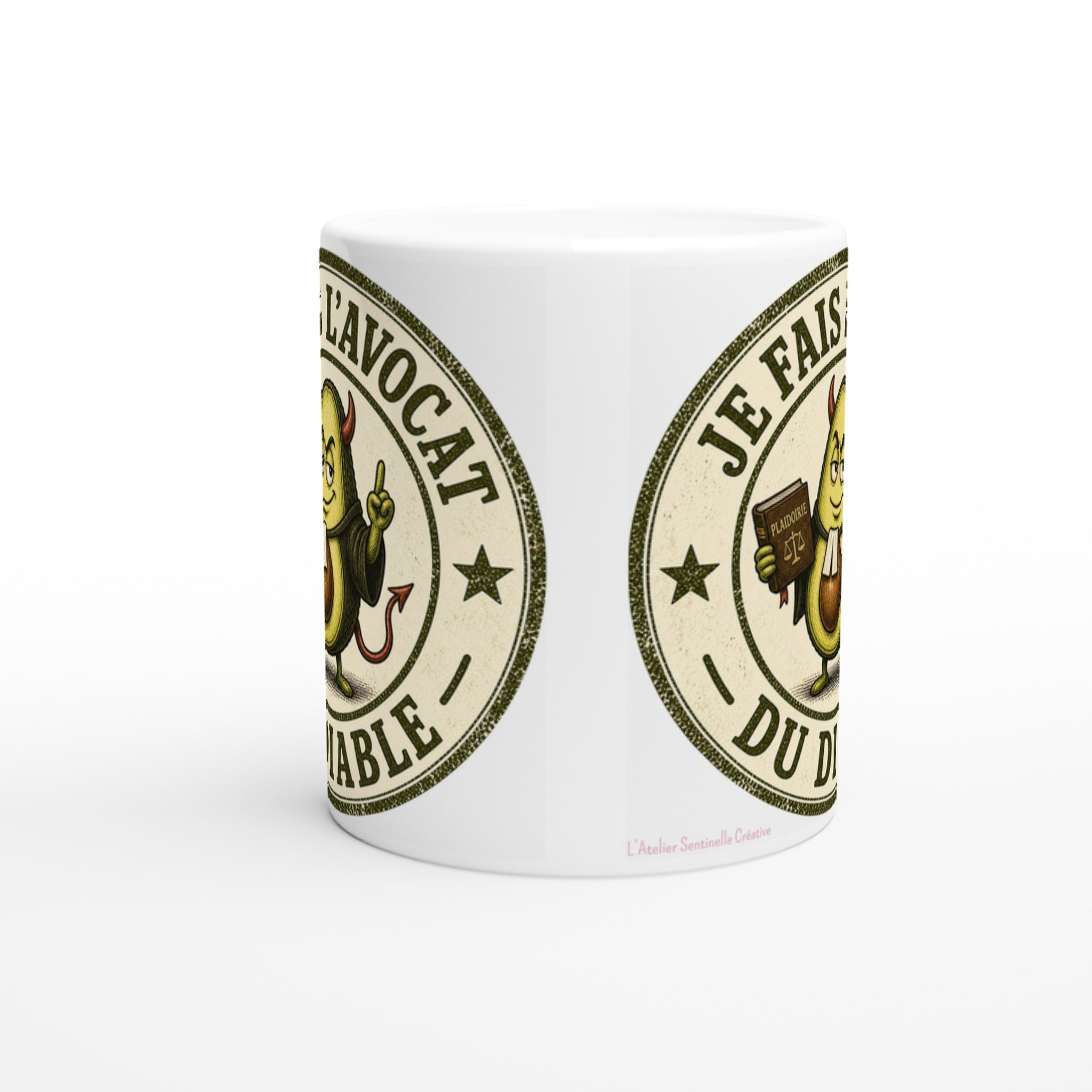 Mug blanc en céramique, motif circulaire « Je fais l’avocat du diable » sur le côté