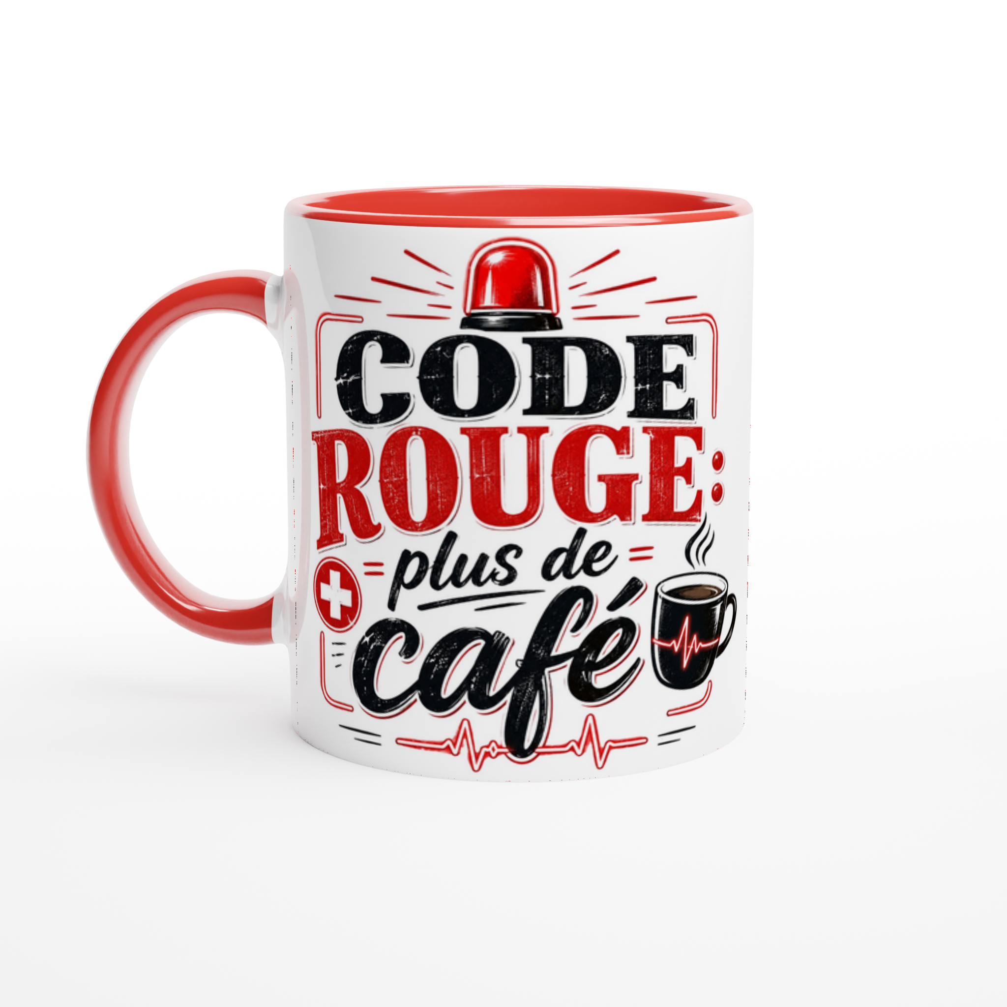Tasse en céramique blanche, anses et bord rouge, motif « Code Rouge plus de café ».