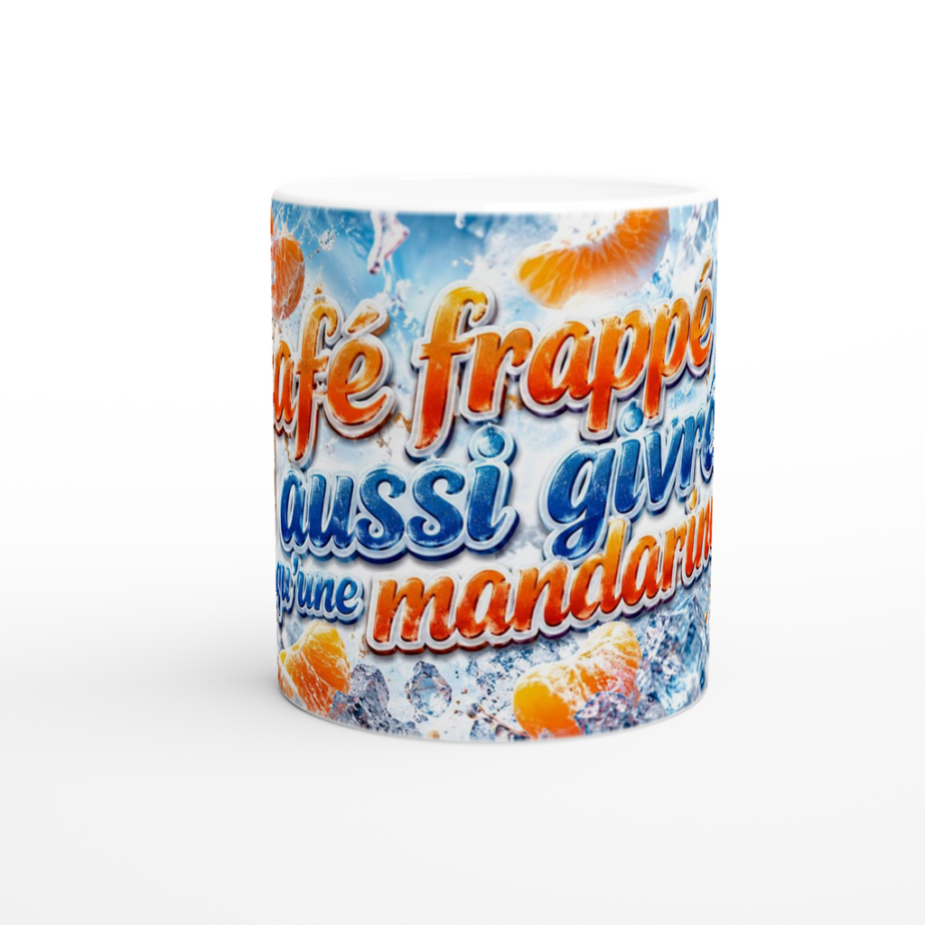 Mug en céramique blanche avec motif bleu et orange « café frappé »