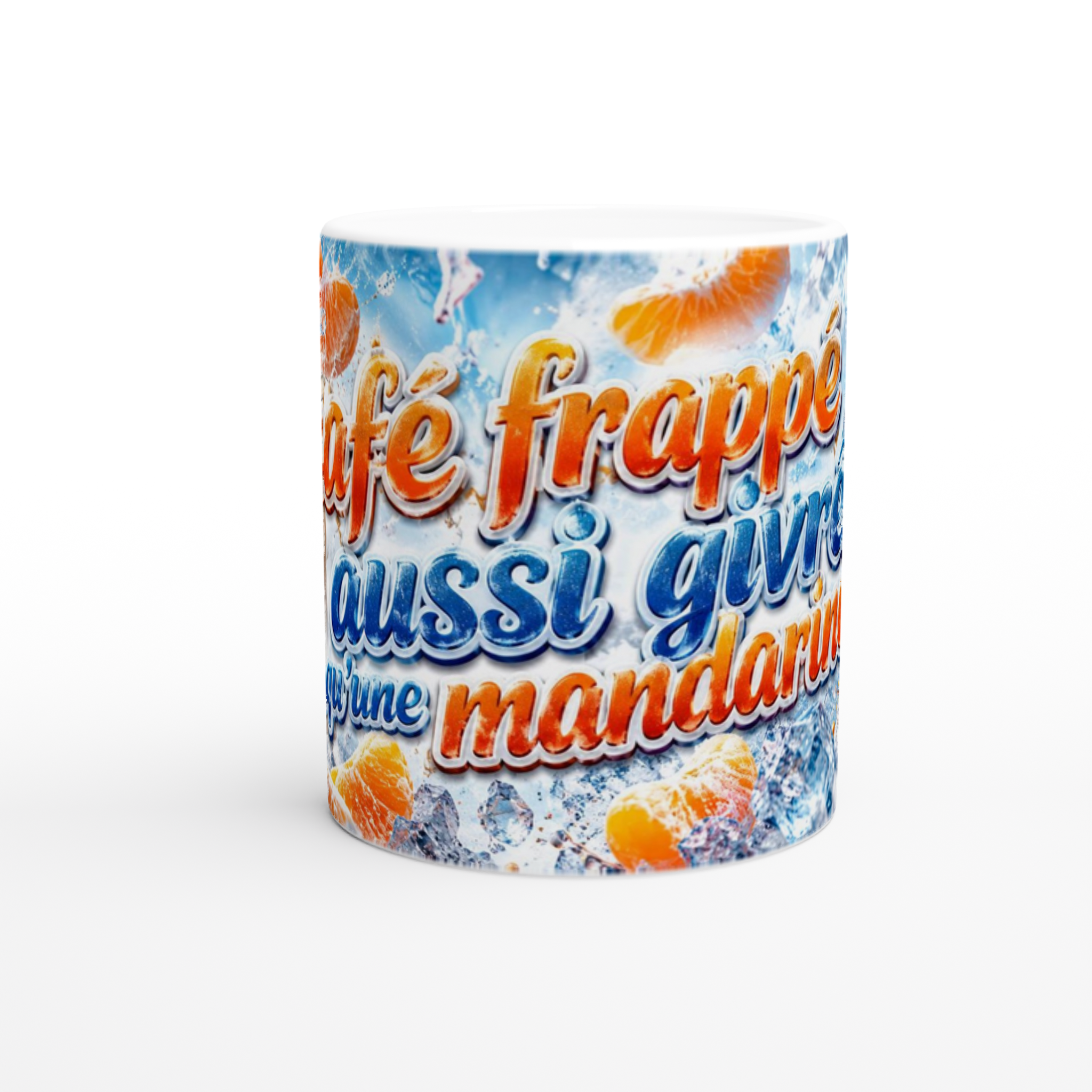 Mug en céramique blanche avec motif bleu et orange « café frappé »