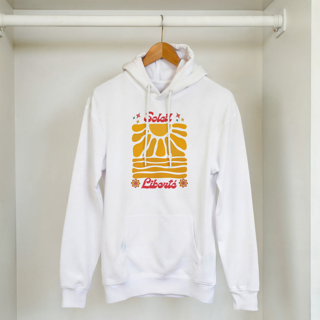 Sweat à capuche blanc avec grand motif Soleil multicolore et poche kangourou.