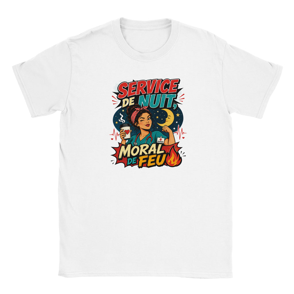 T-shirt blanc à manches courtes avec motif « Service de Nuit » « Moral de Feu »
