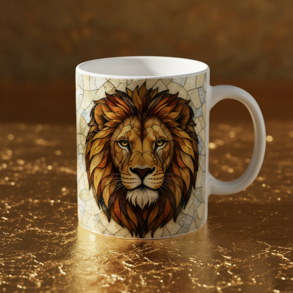 Editorial feuille d'or mug lion de face anse droite
