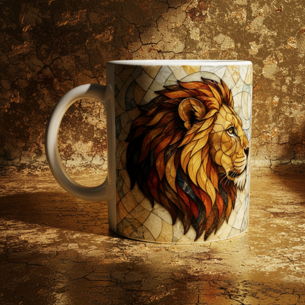 Editorial feuille d'or mug lion vitrail