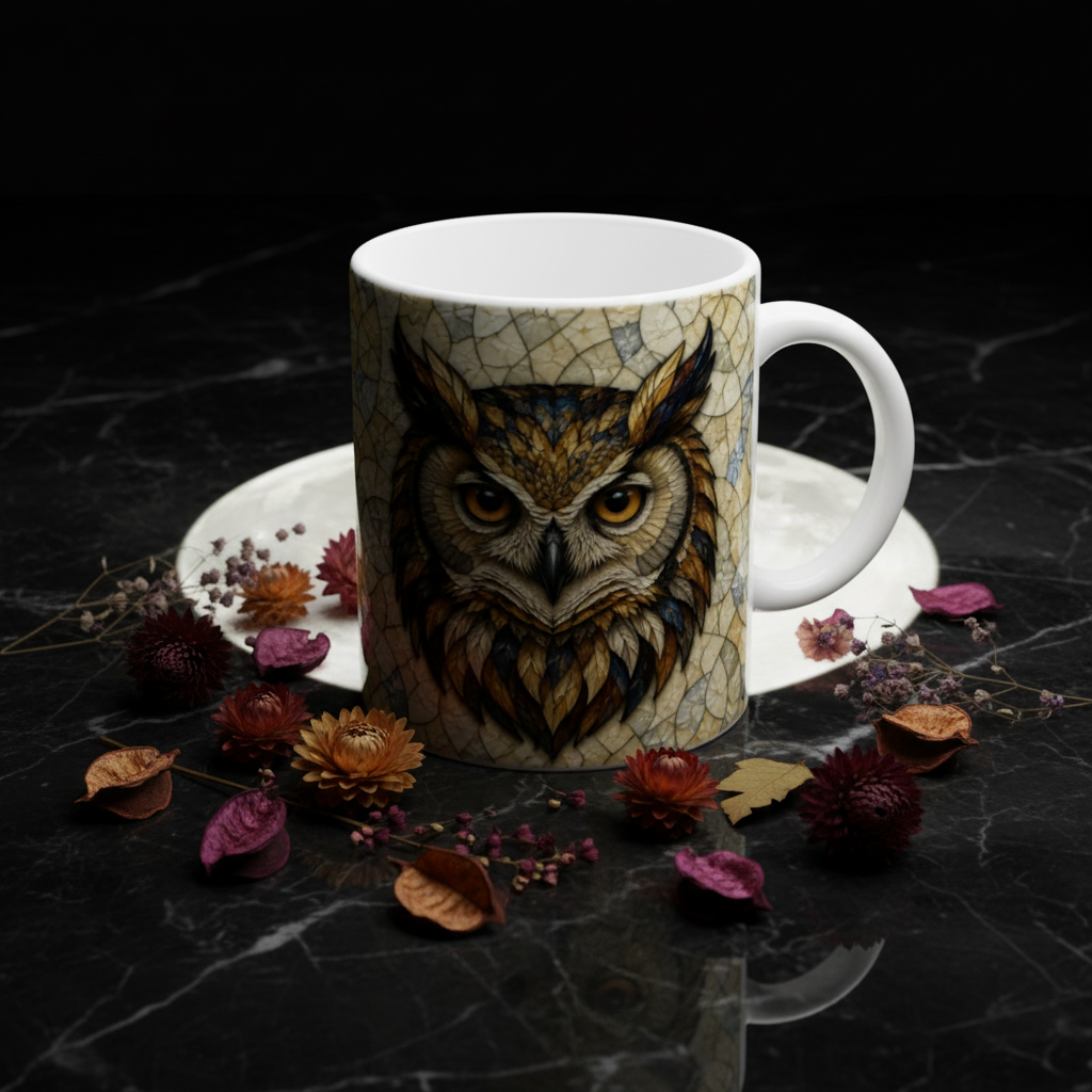 Editorial lune marbre mug hibou de face