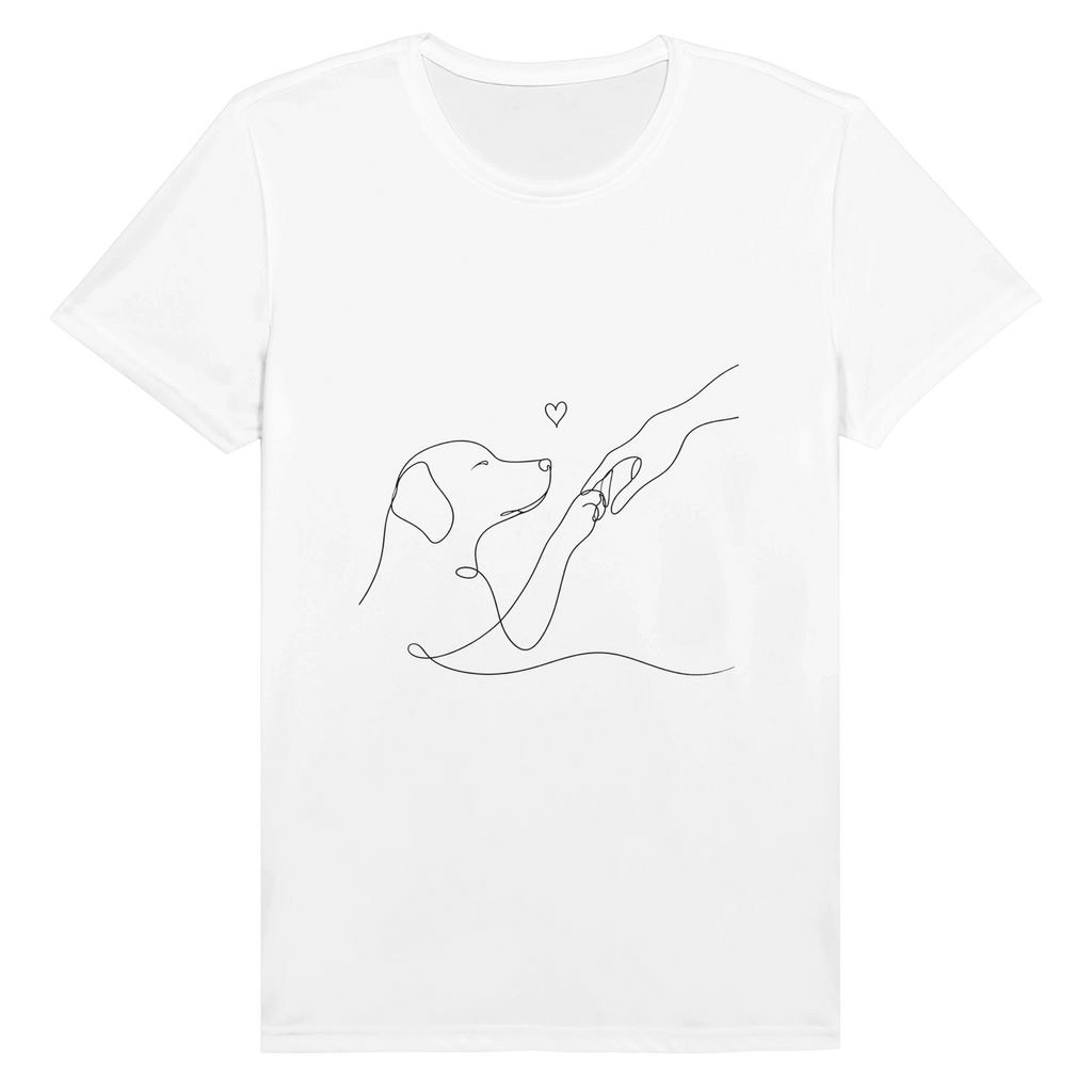 T-shirt unisexe blanc à motif chien en line art et petit cœur, col rond manches courtes.