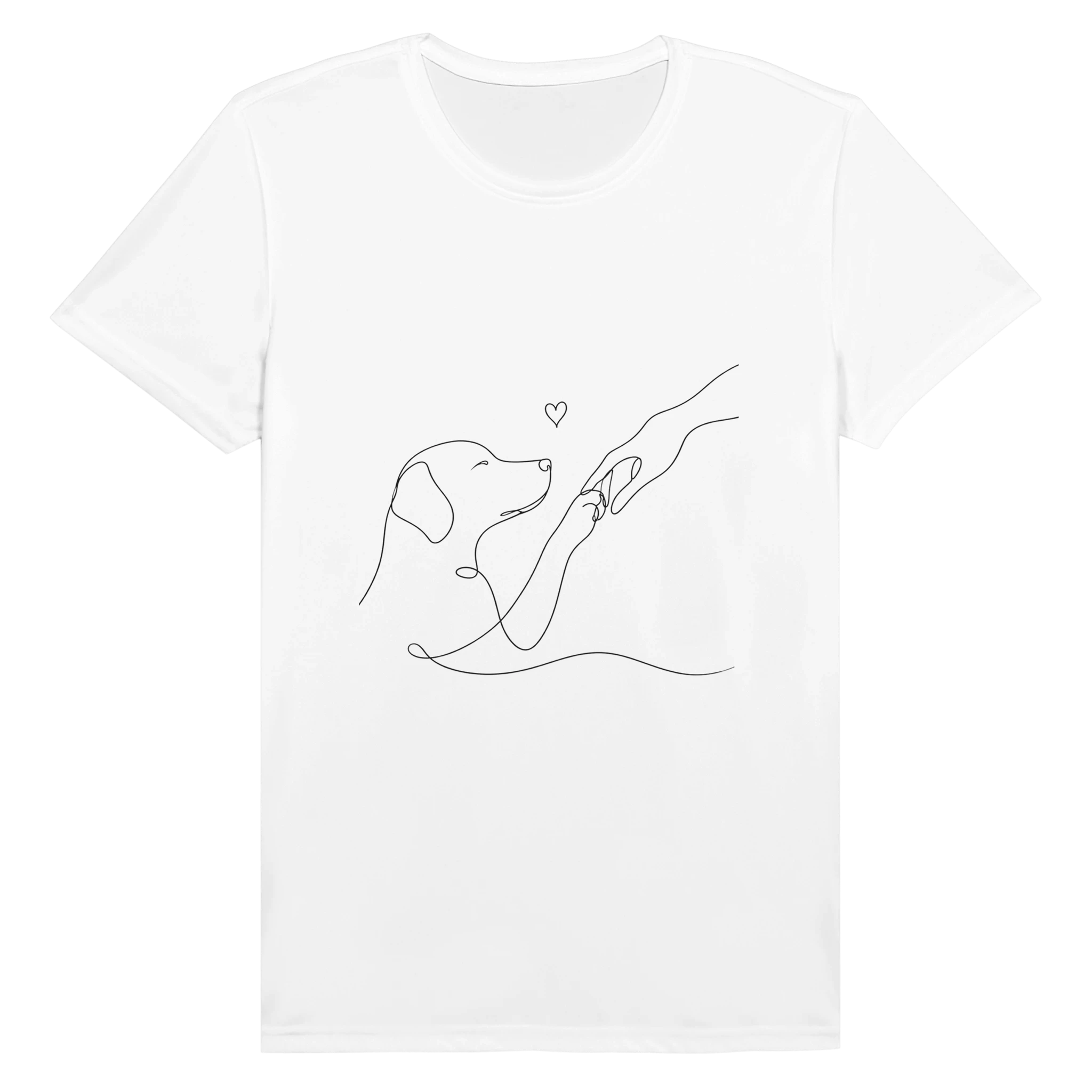 T-shirt unisexe blanc à motif chien en line art et petit cœur, col rond manches courtes.