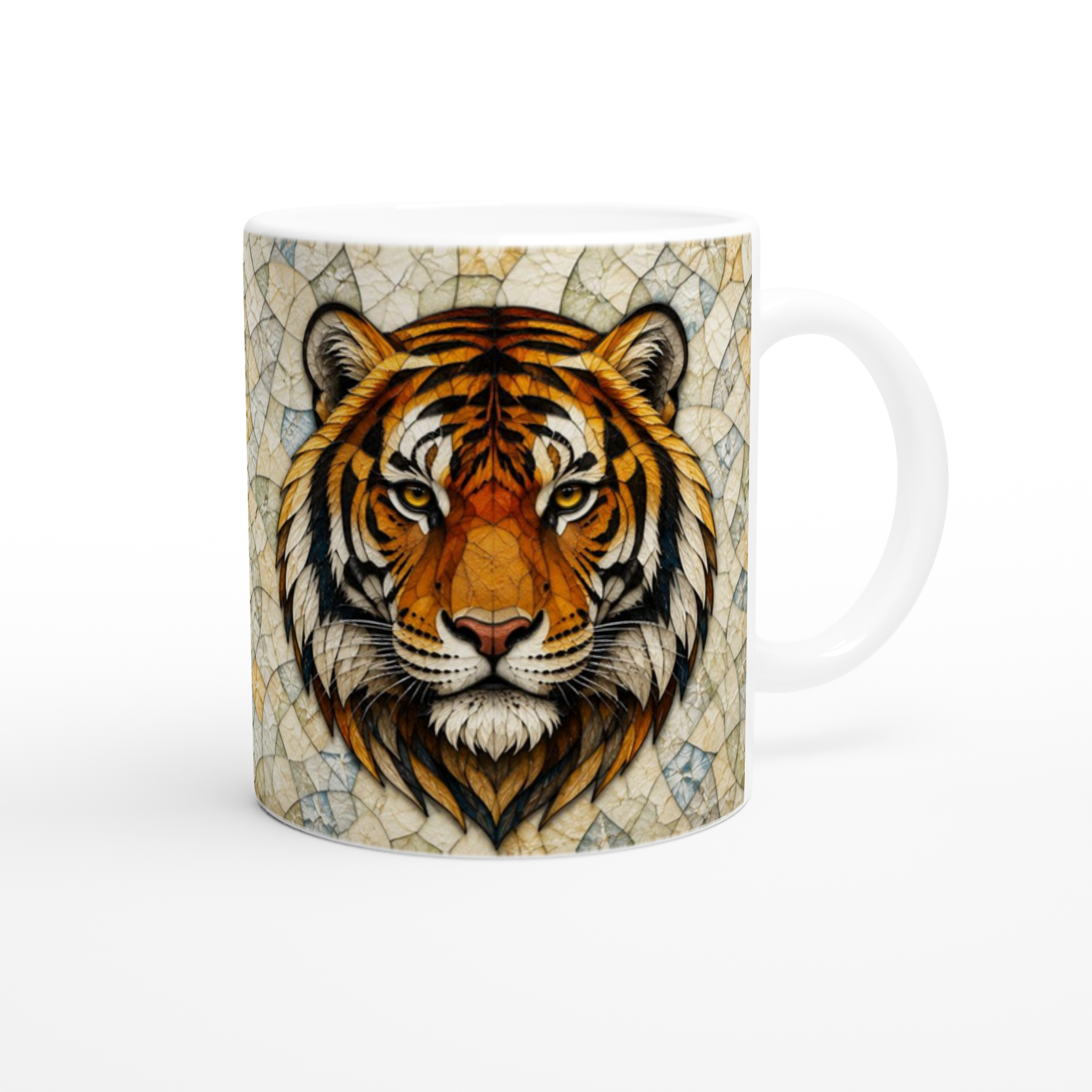 Mug en céramique blanche avec visuel face de tigre sur fond craquelé