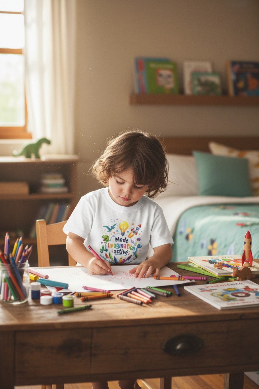 Enfant dessinant avec t-shirt blanc Mode imagination activé