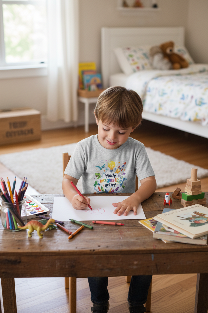 Enfant portant le t-shirt gris chiné Mode imagination activé de face