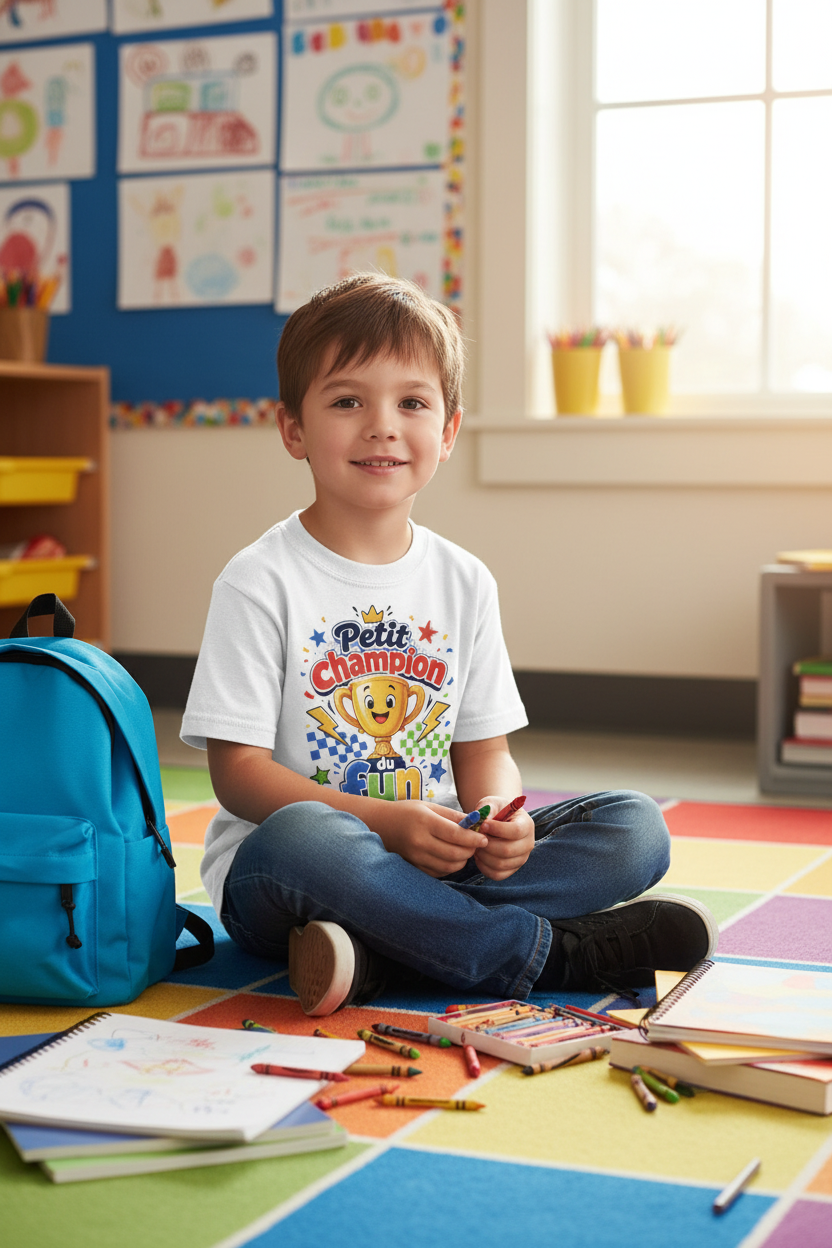 T-shirt enfant blanc avec motif « Petit Champion du Fun »