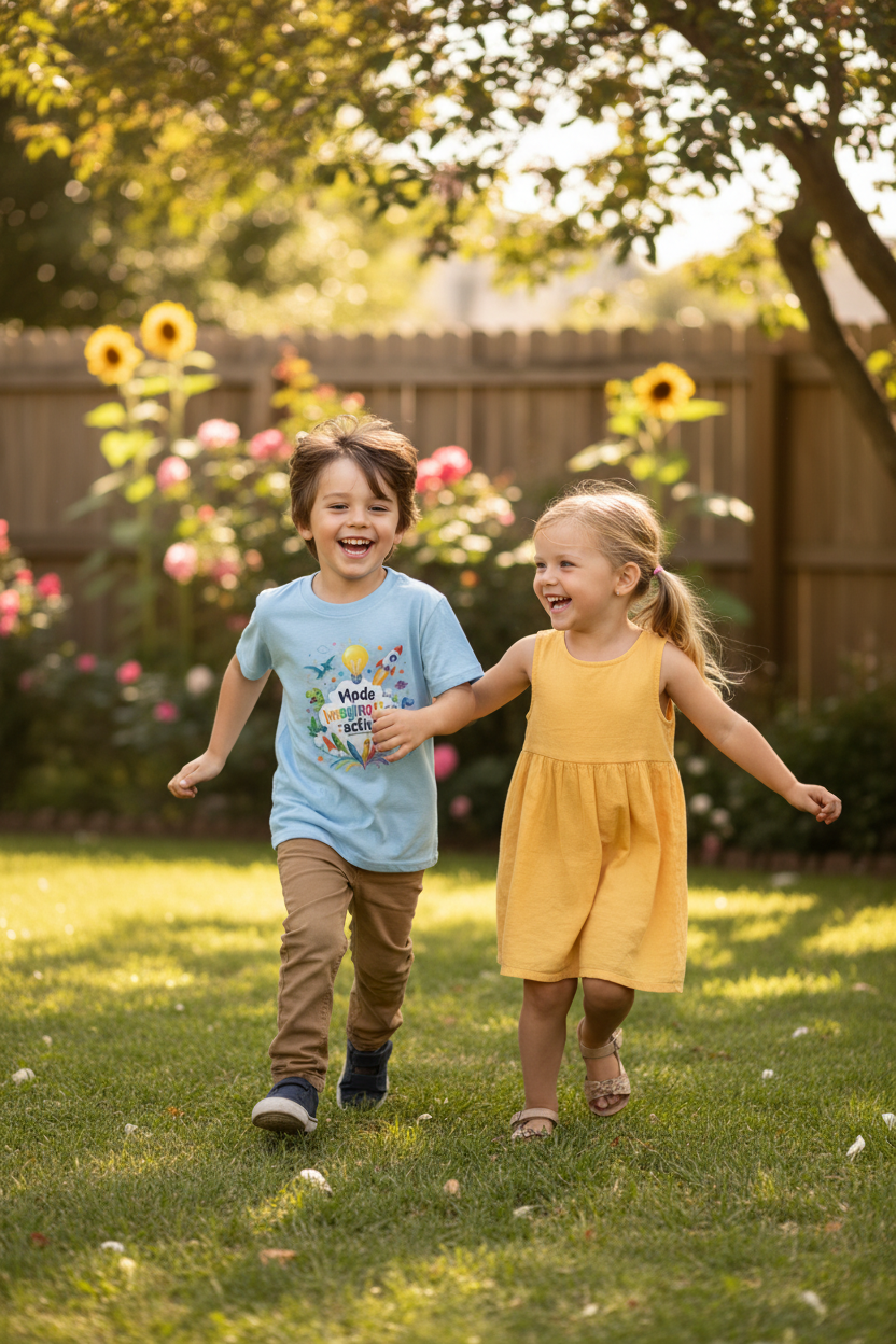 Enfants jouant dehors avec t-shirt bleu clair
