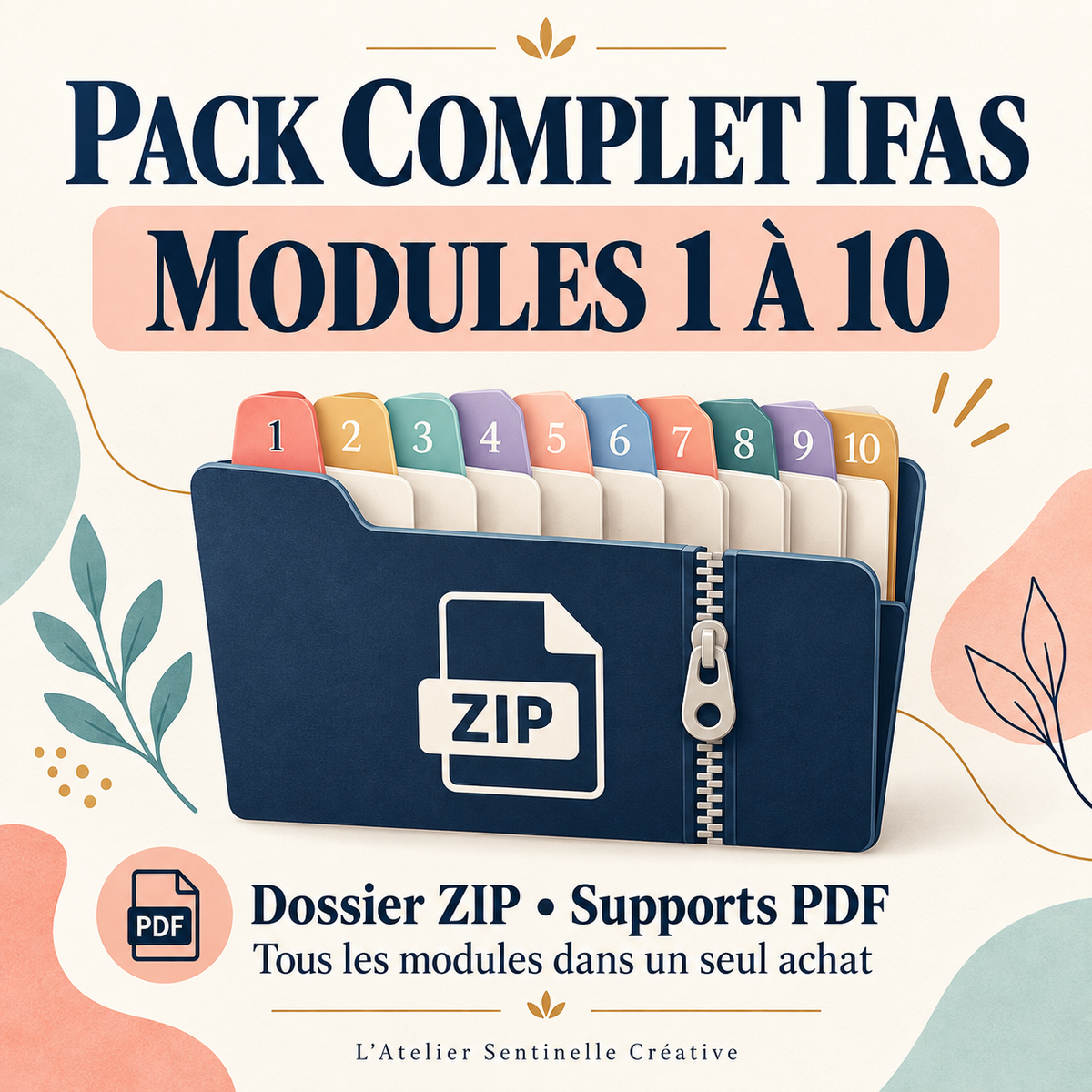 Dossier ZIP bleu IFAS avec rabat à fermeture éclair et icône ZIP, modules 1 à 10