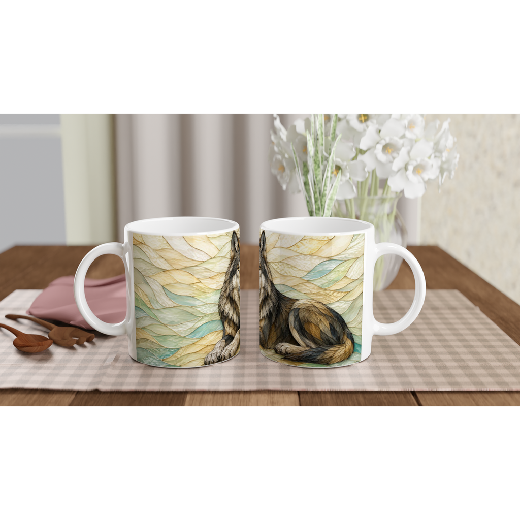 Deux mugs en céramique blanche avec illustration de loup sur motif aquarelle