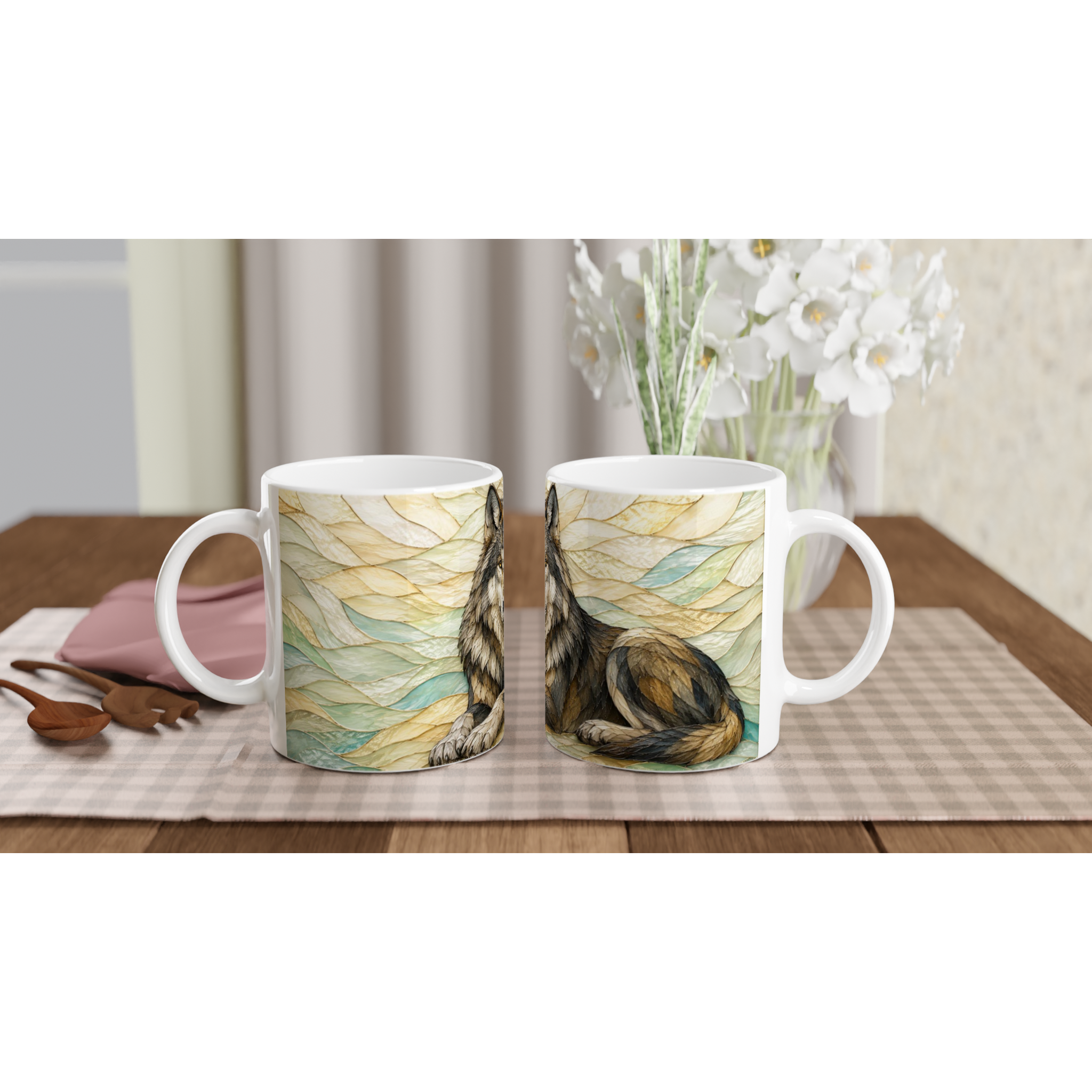 Deux mugs en céramique blanche avec illustration de loup sur motif aquarelle