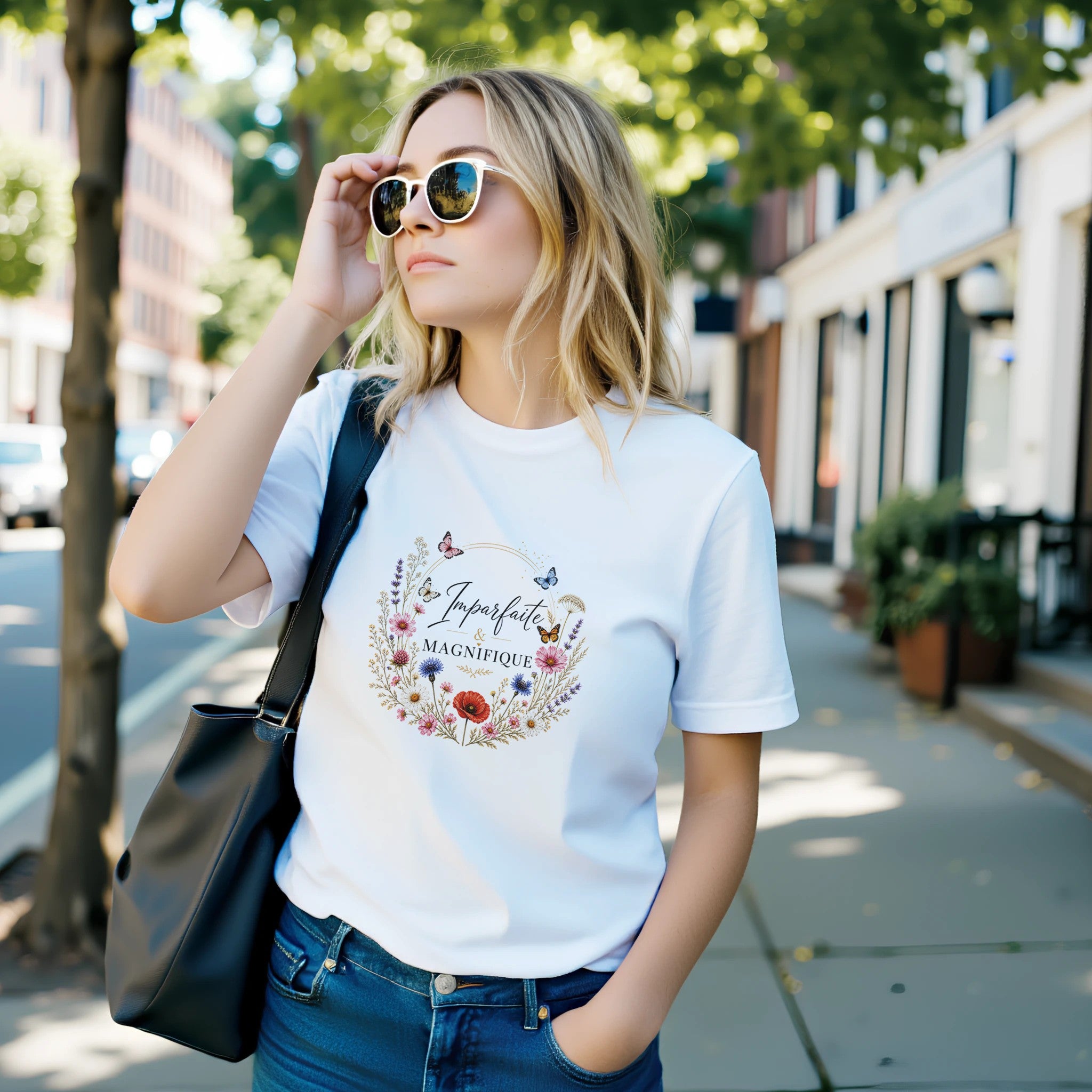 T-shirt blanc femme en coton bio, inscription "Imparfaite & Magnifique" entourée de fleurs et papillons colorés, style doux.