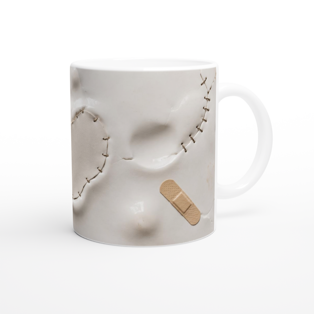 Mug en céramique blanche, cœur et chaîne de points en relief, patch marron